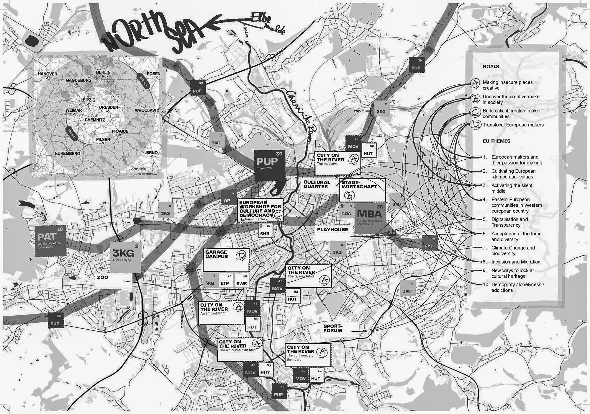 Kulturhauptstadt Europa Chemnitz 2025, Übersichtsplan mit Flagship-Projekten #3000Garagen, Purple Path, Parade der Apfelbäume und Makers, Business & Arts und den Interventionsflächen wie Playhouse/Schauspielhaus aus dem Bid Book II: C the Unseen – European Makers of Democracy, 2020