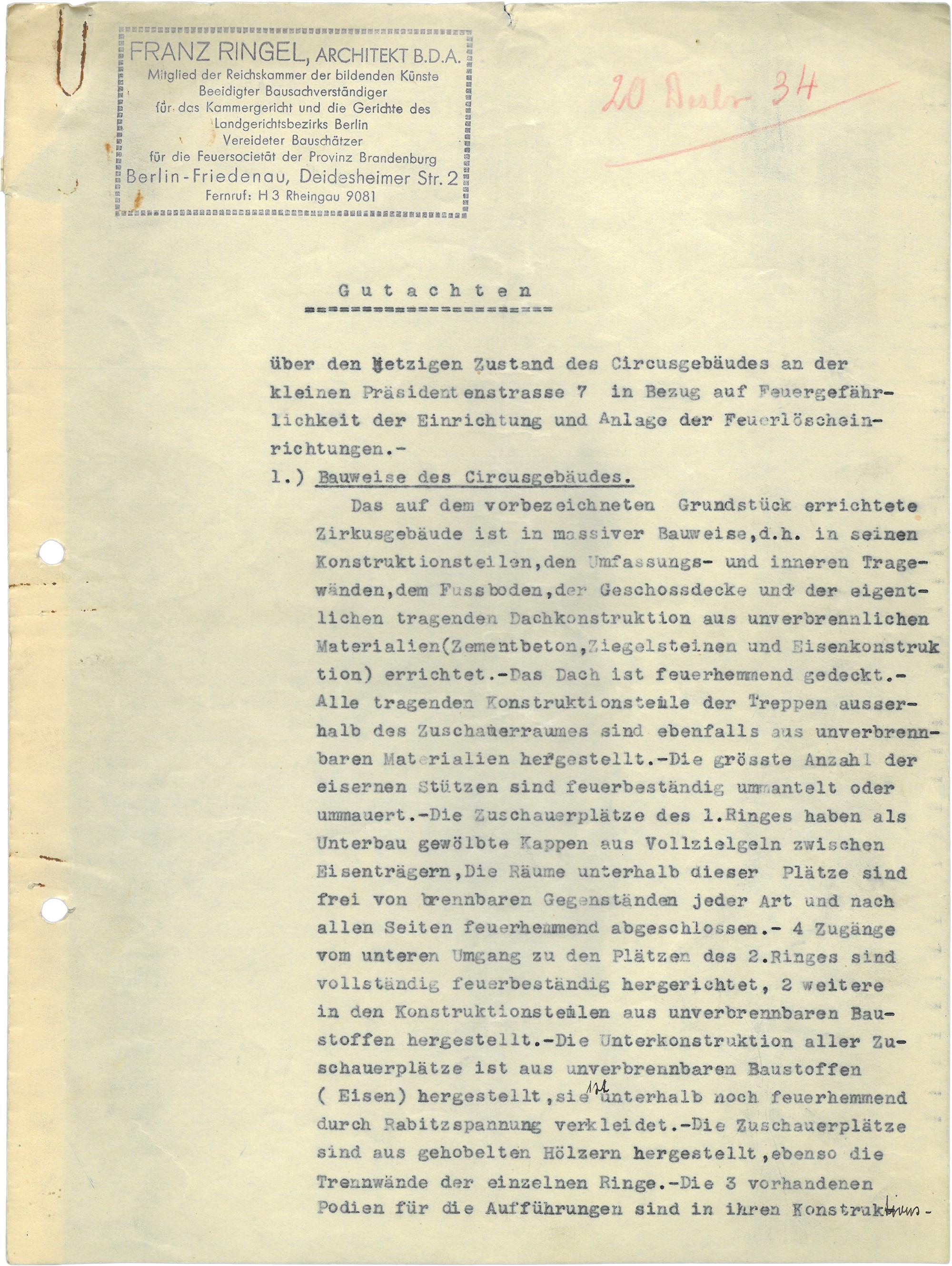 Statt der Baupläne des Gebäudes vermittelt heute zumindest noch ein feuerpolizeiliches Gutachten einen detaillierteren Einblick in das Innere der Spielstätte von Circus Busch (1934).