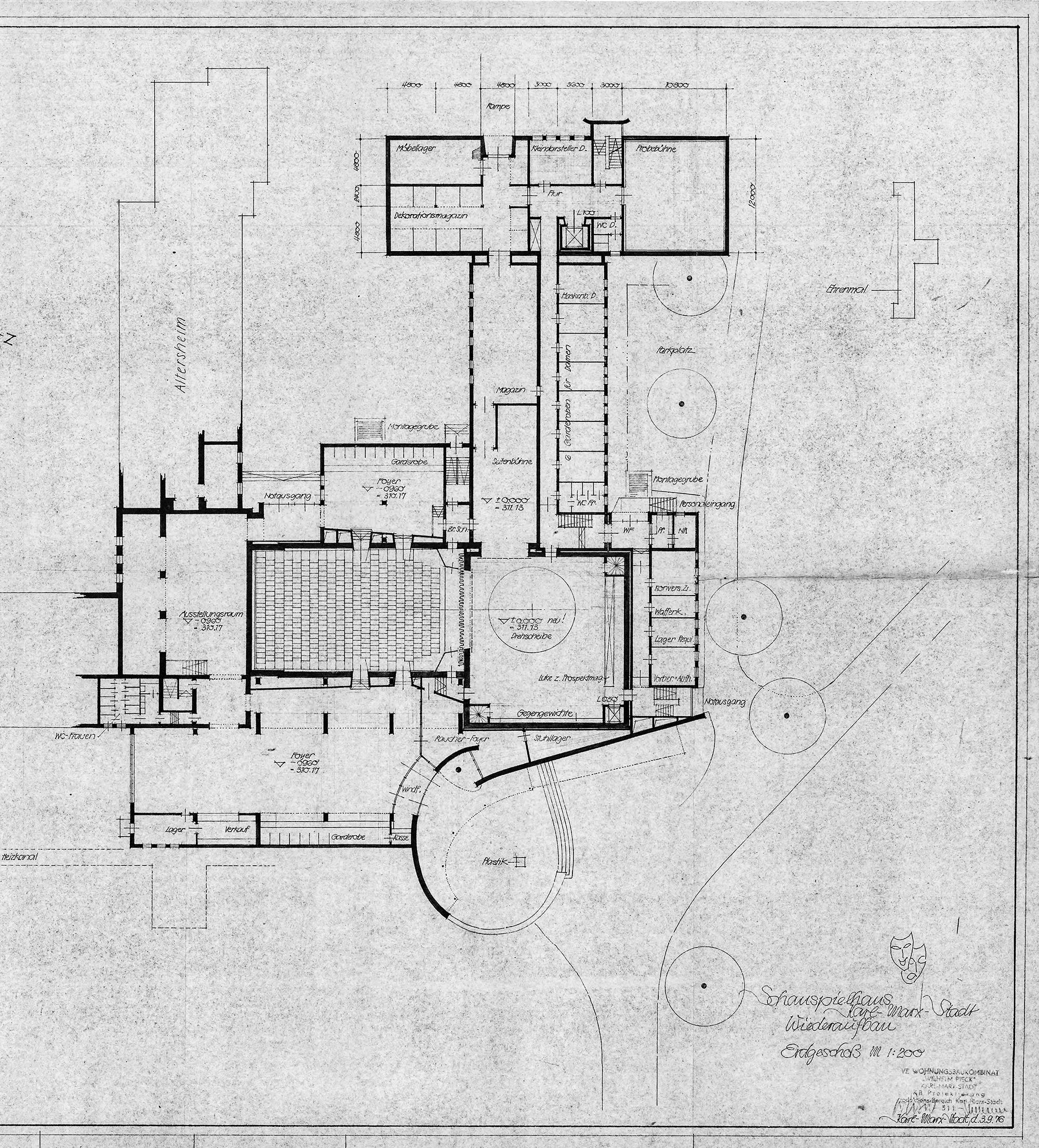 Schauspielhaus Karl-Marx-Stadt, Entwurf von Rudolf Weißer vom 3.9.1976