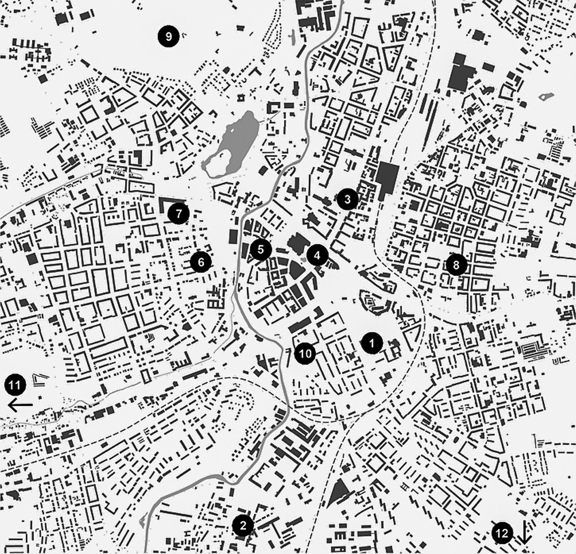 Topologie Chemnitz 2024: 1 Schauspielhaus – 2 Interimsspielstätte Spinnbau – 3 Opernhaus – 4 Stadthalle – 5 Chemnitzer Kabarett – 6 Kulturhaus Arthur – 7 Kraftwerk e.V. – 8 OFF Bühne Komplex – 9 Küchwaldbühne – 10 Weltecho – 11 Fritz Theater – 12 FRESSTheater