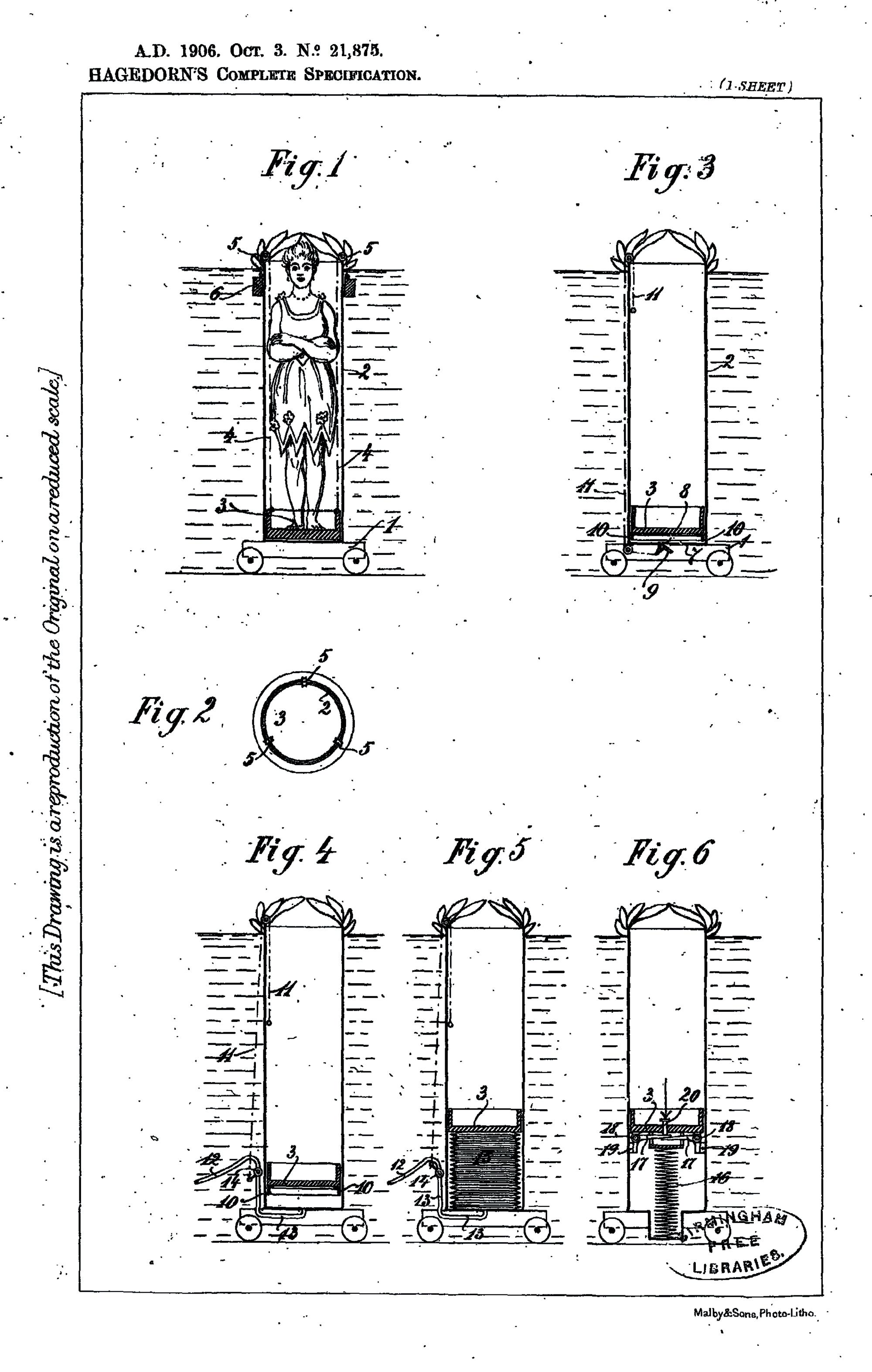 Technische Zeichnung aus einer Patentanmeldung der Firma Willy Hagedorn für eine Vorrichtung genannt „Immersed Trap for Spectacular and like Performances” mitt els derer Künstler:innen trocken aus dem Wasser auft auchen konnten (1906).