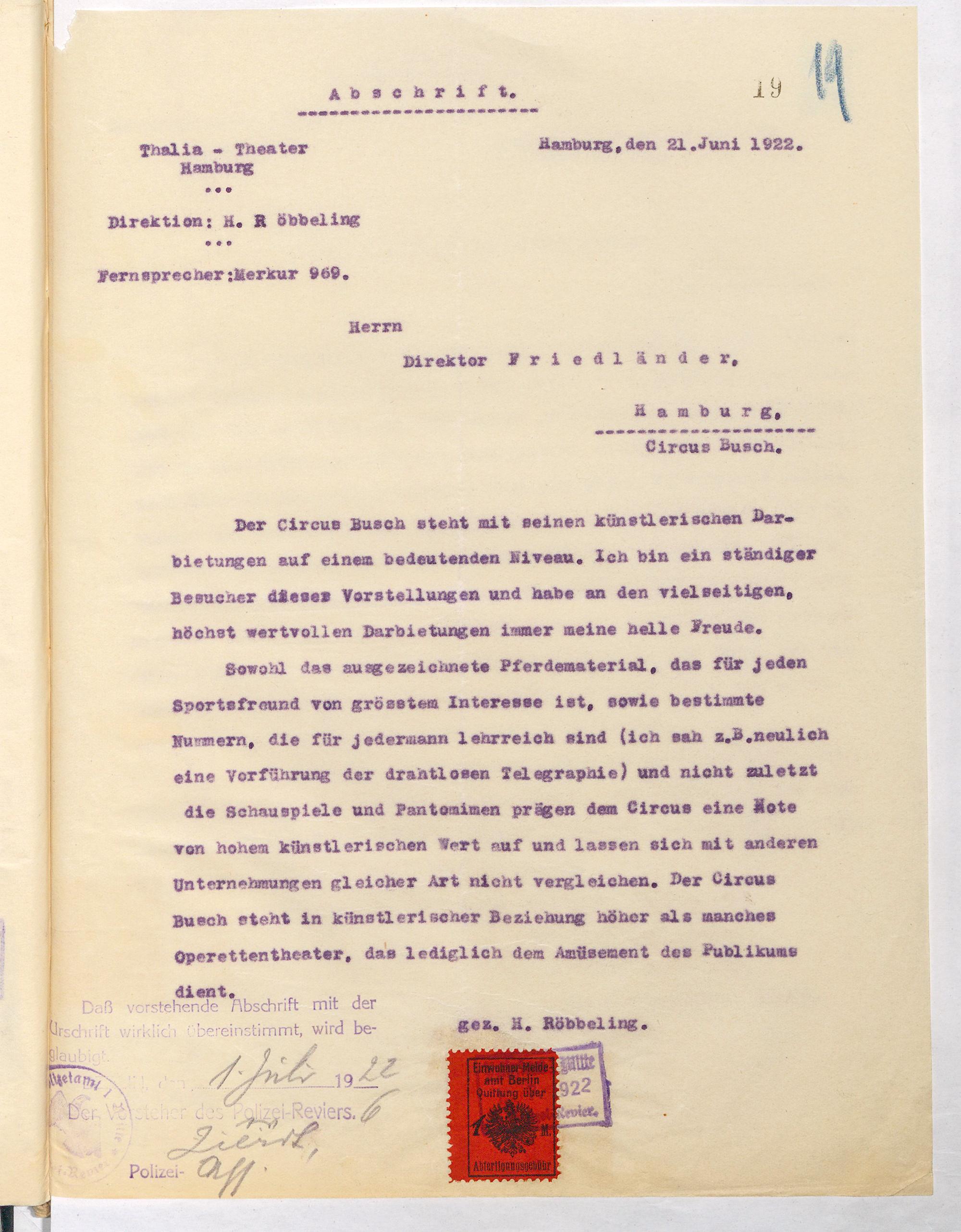 Gutachten über die Inszenierungen von Circus Busch vom Direktor des Thalia Theaters Hamburg Hermann Röbbeling (1922).