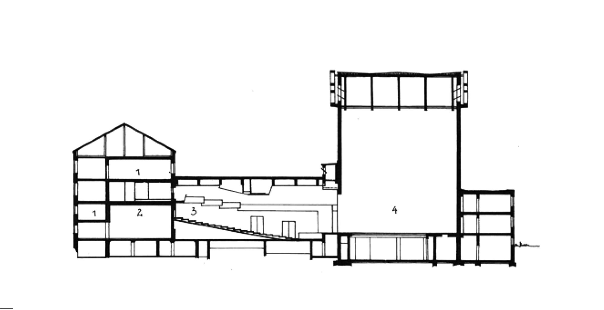 Schauspielhaus, Wiederaufbau und Rekonstruktion, Architekten Rudolf Weißer und Konrad Reimann, Saal mit Bühnenturm, Schnitt 1980