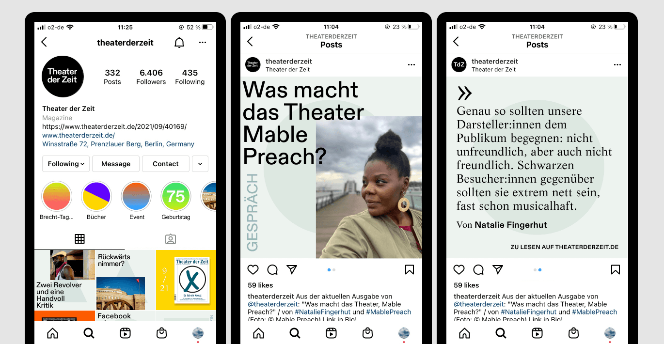 Theater der Zeit führt neue Onlineformate wie Podcast, neue Themen-Newsletter und Instagram-Storys (siehe Bild) ein.