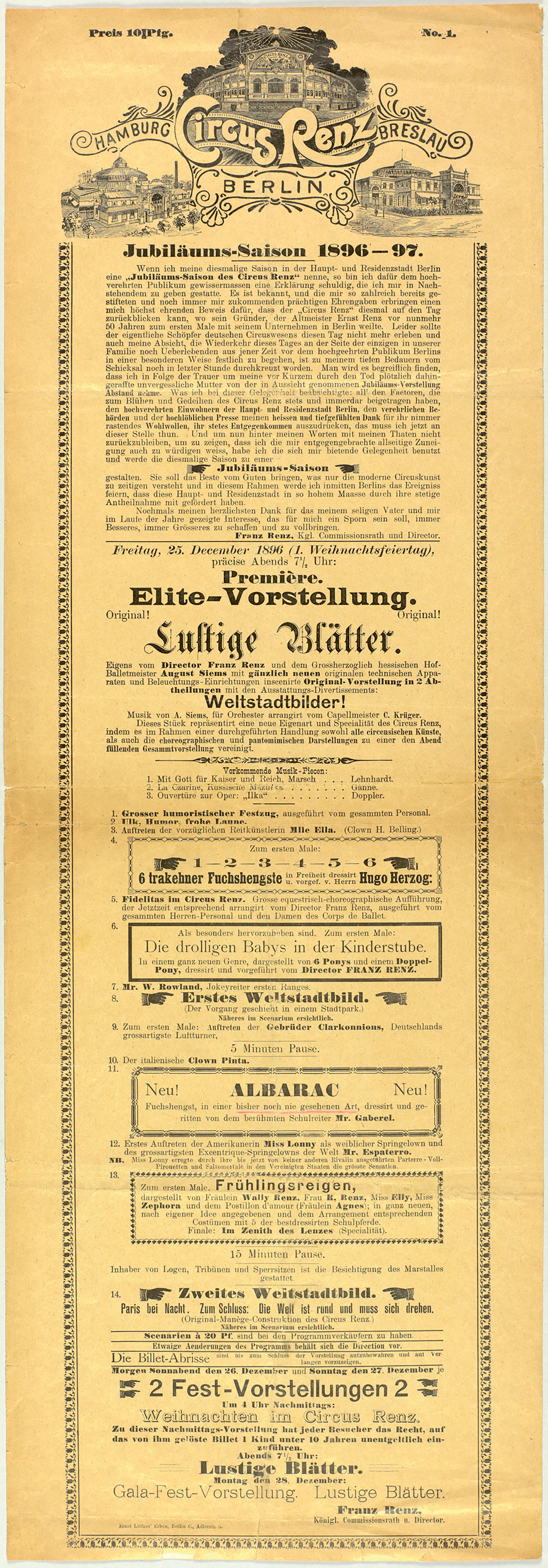 Programmzett el von Circus Renz für den 25. Dezember 1896 mit der Pantomime Lustige Blätt er und der Ankündigung einer „Original-Manège-Construktion des Circus Renz“ (1896).