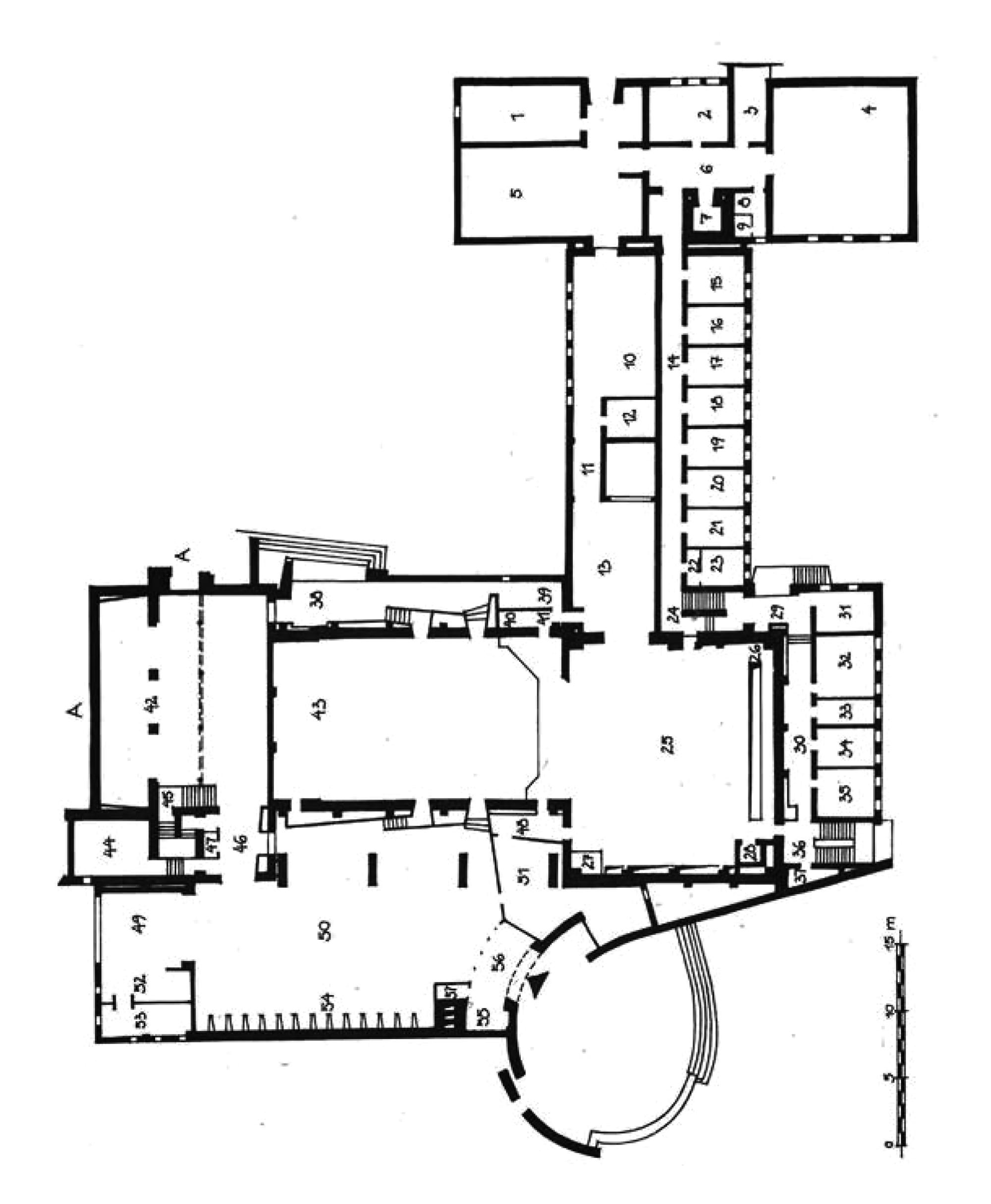 Schauspielhaus, Wiederaufbau und Rekonstruktion, Architekten Rudolf Weißer und Konrad Reimann, Grundriss Erdgeschoss 1980