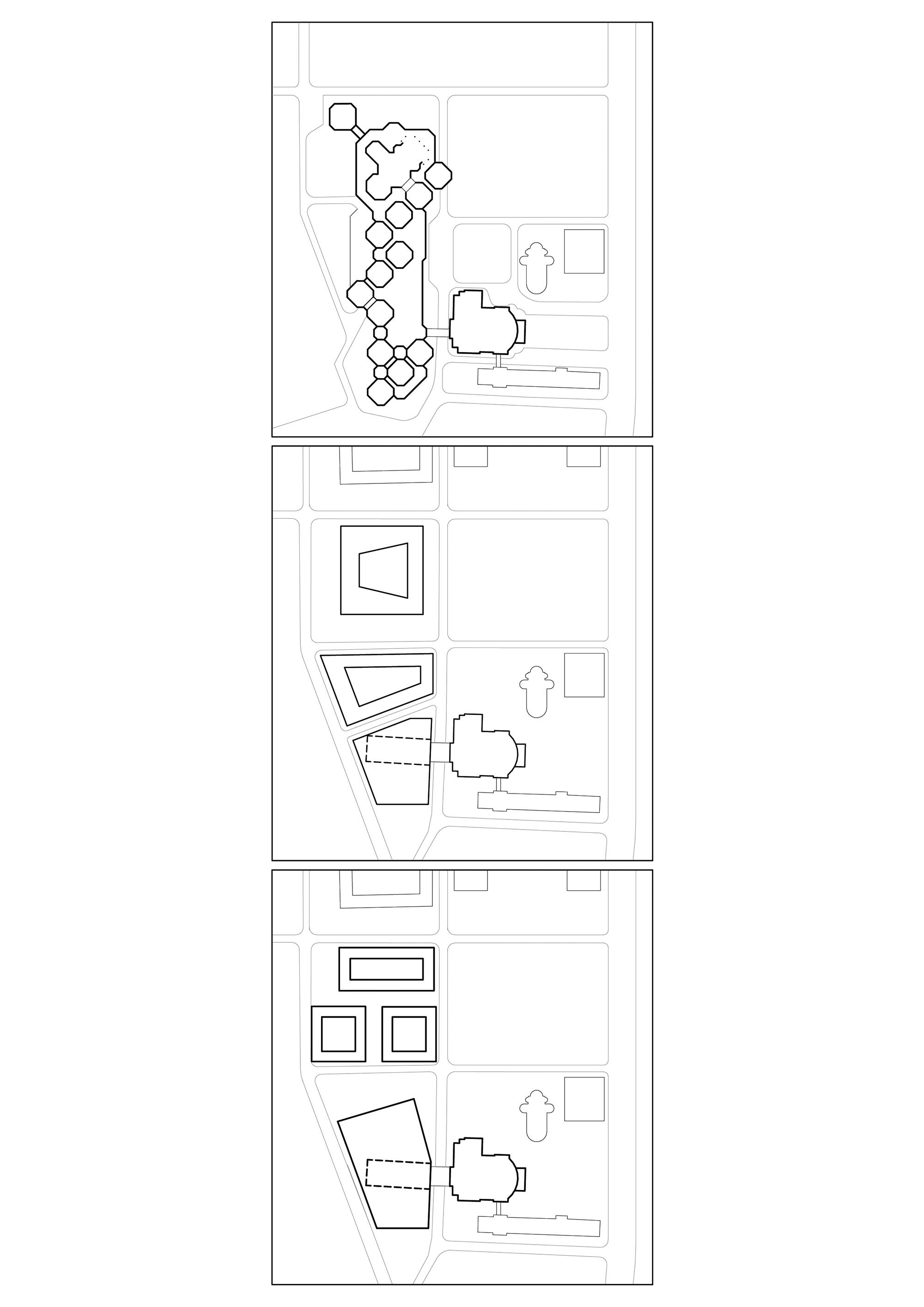 Studien zur Erweiterung des Opernhauses mit Theater-Neubauten, schematische Darstellungen: 1. Studie des Instituts für Technologie kultureller Einrichtungen, 1974 sowie 2. + 3. Studie Kulturquartier von Albert Speer + Partner in zwei Varianten, 2018