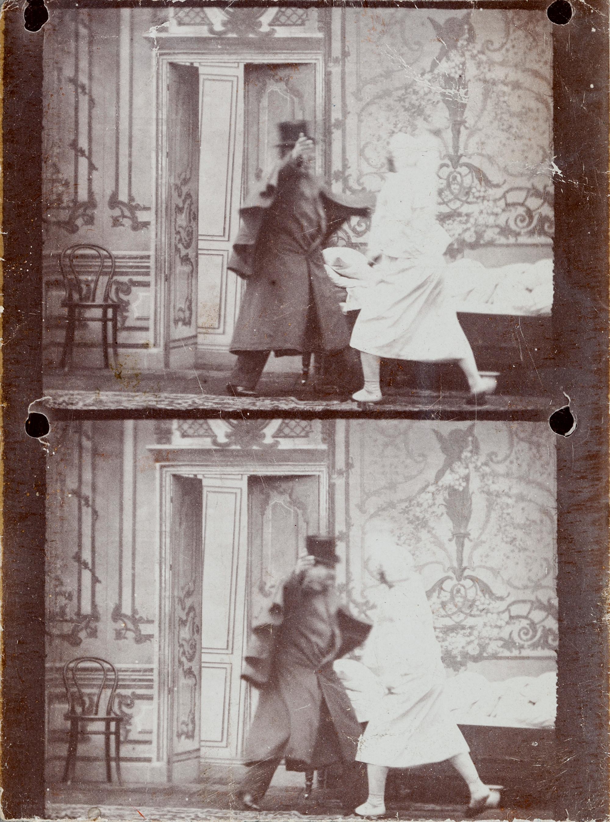 Papierabzug zweier Filmsequenzen mit den Clowns Eugen Skladanowsky und Lavater Lee (1896).