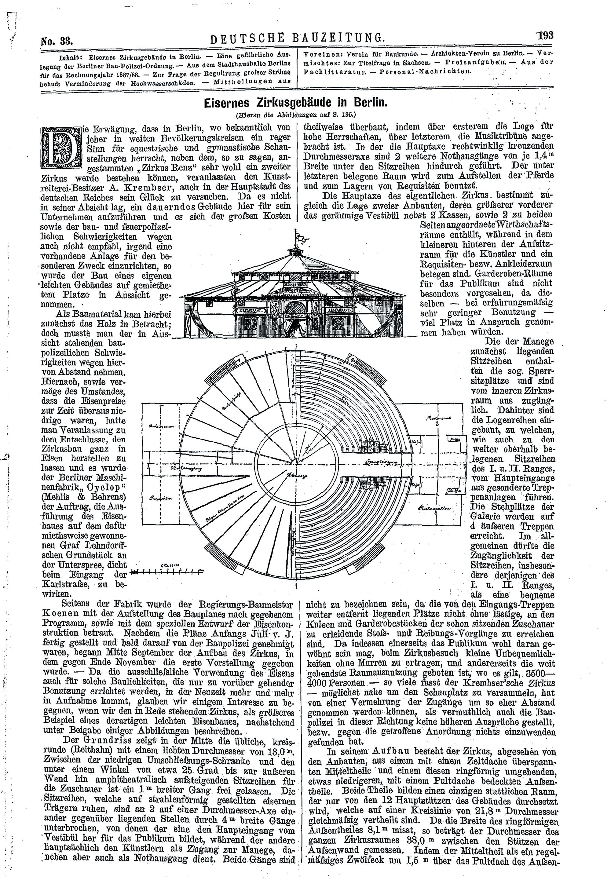 Bericht über die Konstruktion des Gebäudes von Circus Krembser in der Deutschen Bauzeitung (1887).