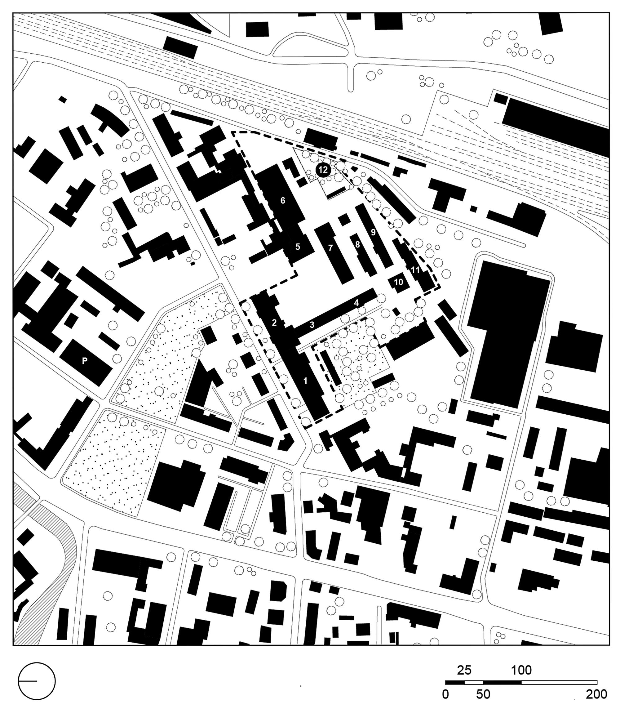 Spinnwerk-Areal in Altchemnitz, Lageplan: 1 Produktionsgebäude des VEB Spinnereimaschinenbau (1956), 2 Produktionsbau der Sächsischen Maschinenfabrik (um 1920), 3 bis 11 Gebäude auf dem Areal, 12 Spinnerei Kulturbetrieb Open-Air-Eventlocation, Situation 2024