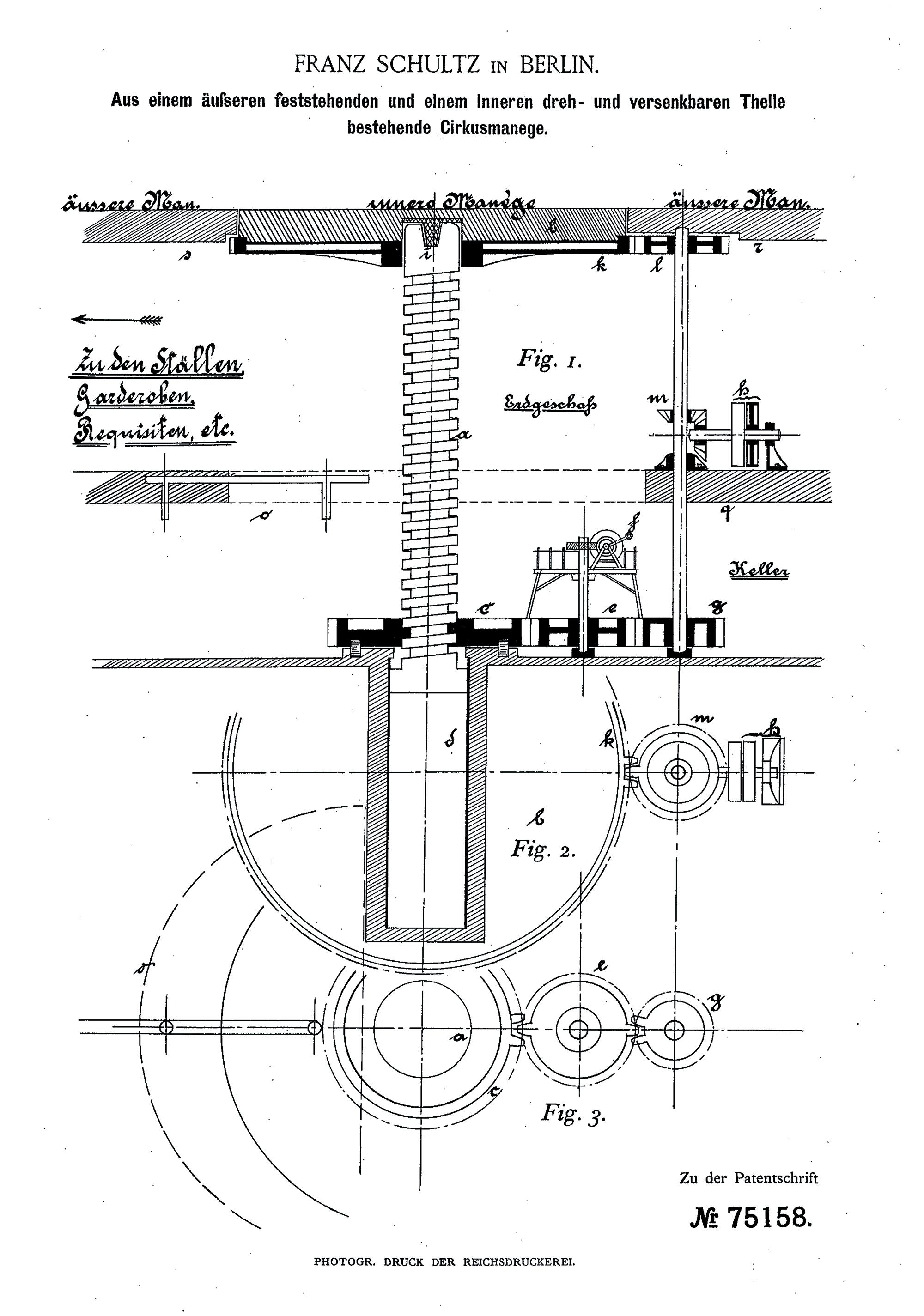 Technische Zeichnung aus einer Patentanmeldung von Franz Schultz für eine Zirkusmanege, deren innerer Teil dreh- und versenkbar ist (1893).
