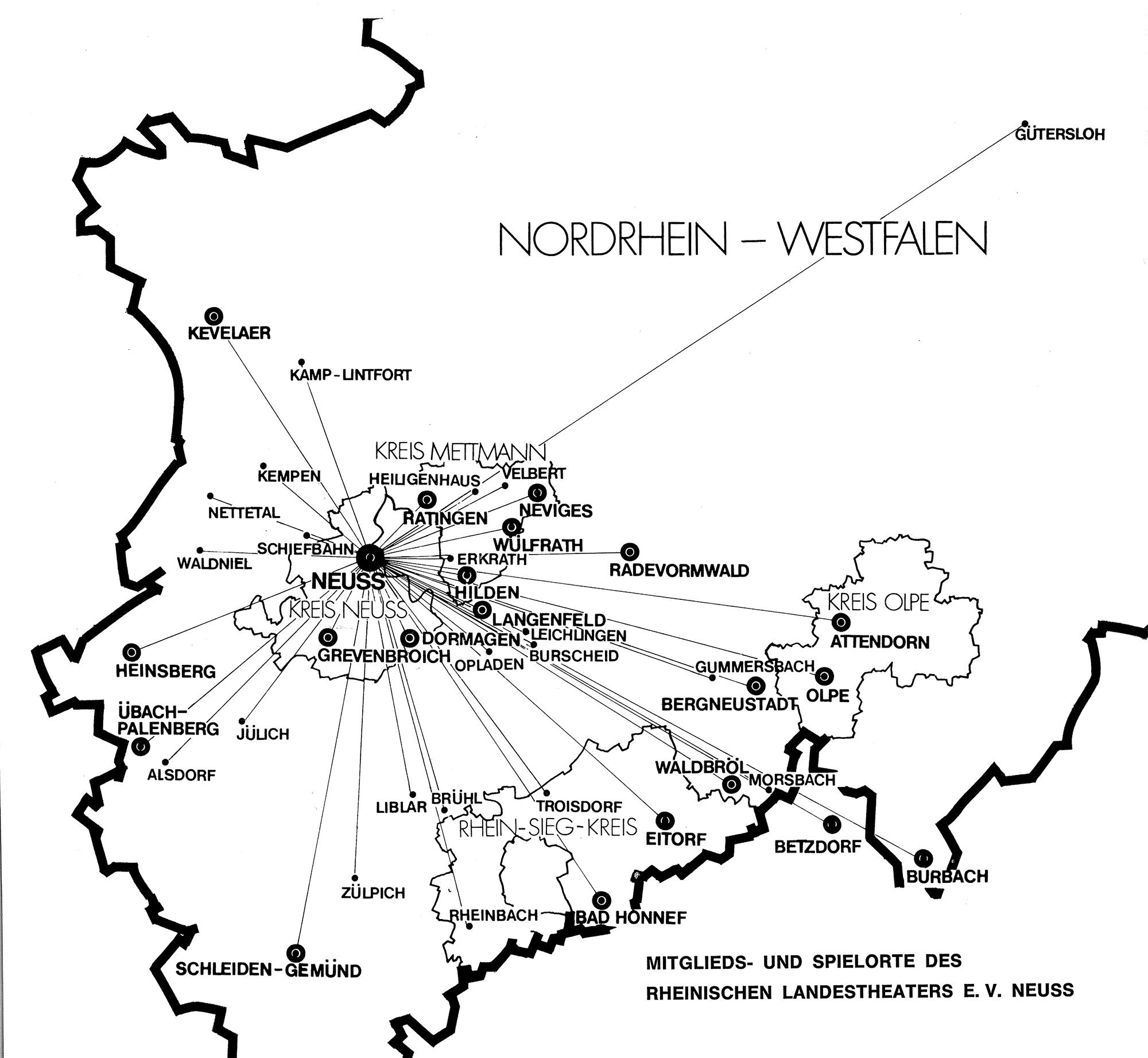Karte der Mitglieds- und Spielorte des Rheinischen Landestheaters, um 1975