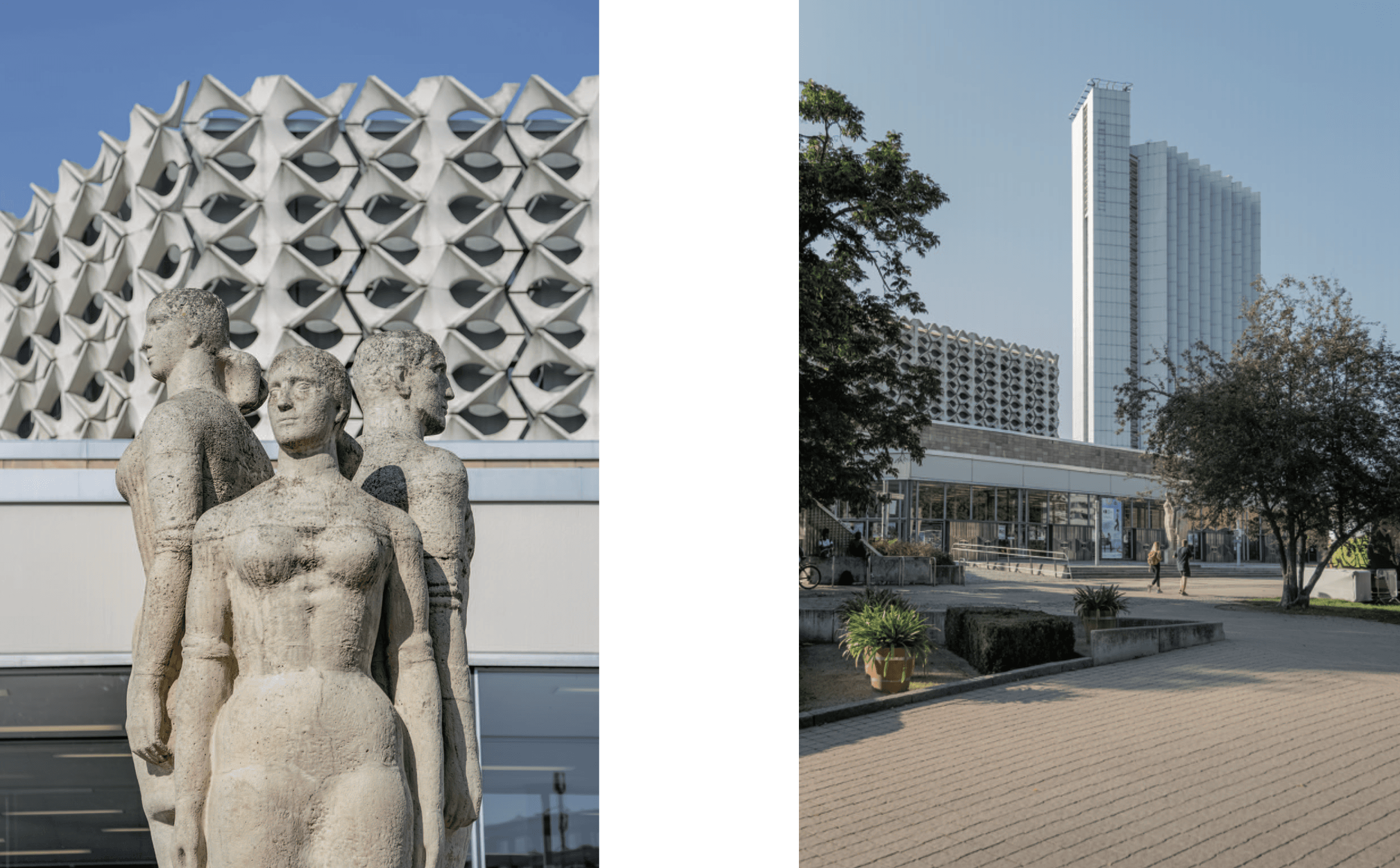 links: Beton-Skulptur Würde des Menschen von Gerd Jaeger und Durchbruchplastik aus Betonformsteinen von Hubert Schiefelbein am Großen Saal, 2020 – rechts: Stadthalle und Hotelhochhaus am Stadthallenpark Chemnitz, Zustand 2020