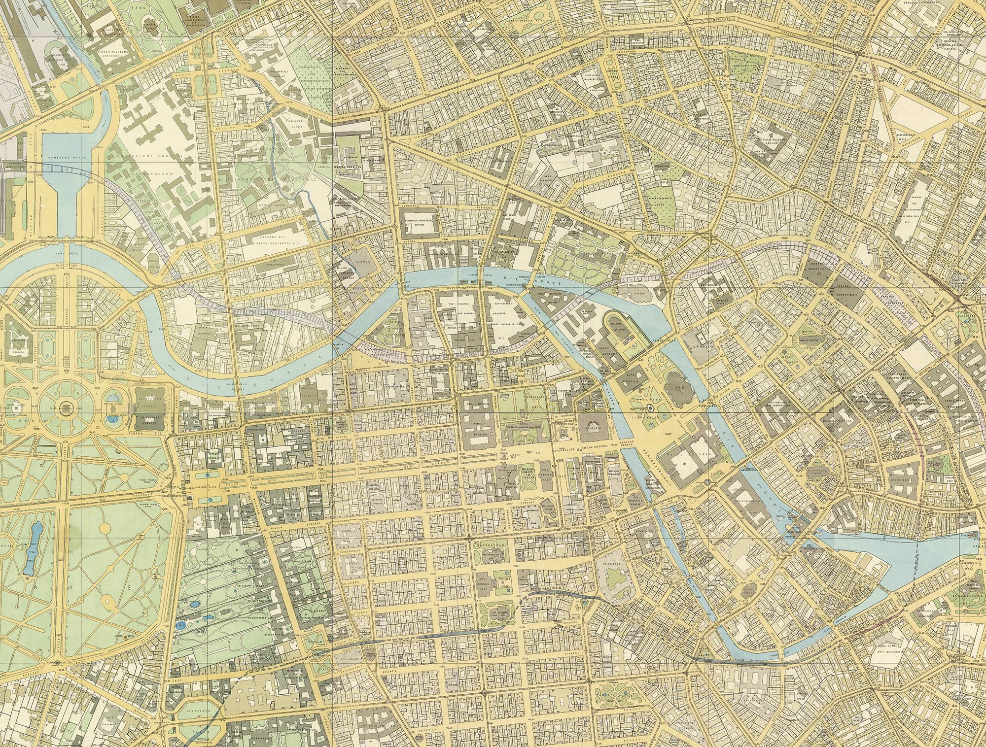 Straßenkarte vom Berliner Stadtzentrum mit den Zirkusgebäuden von Circus Krembser, dem Markthallenzirkus unter Circus Renz und von Circus Busch (1910).