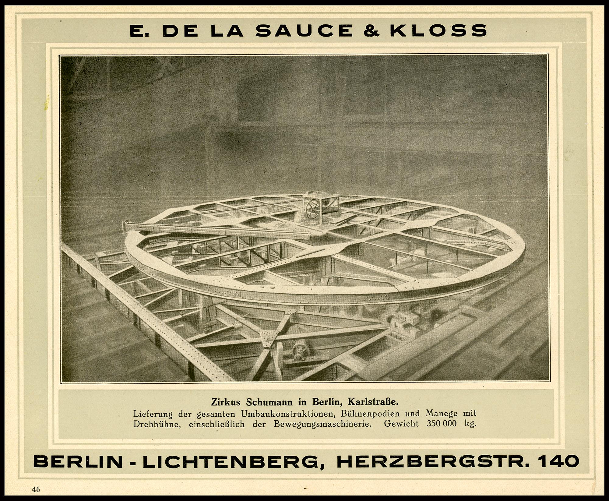 Circus Schumann konstruiert und vermutlich im Jahr 1909 eingebaut wurde. Seite aus einem Katalog der Metallbaufirma E. de la Sauce & Kloss (ca. 1913).