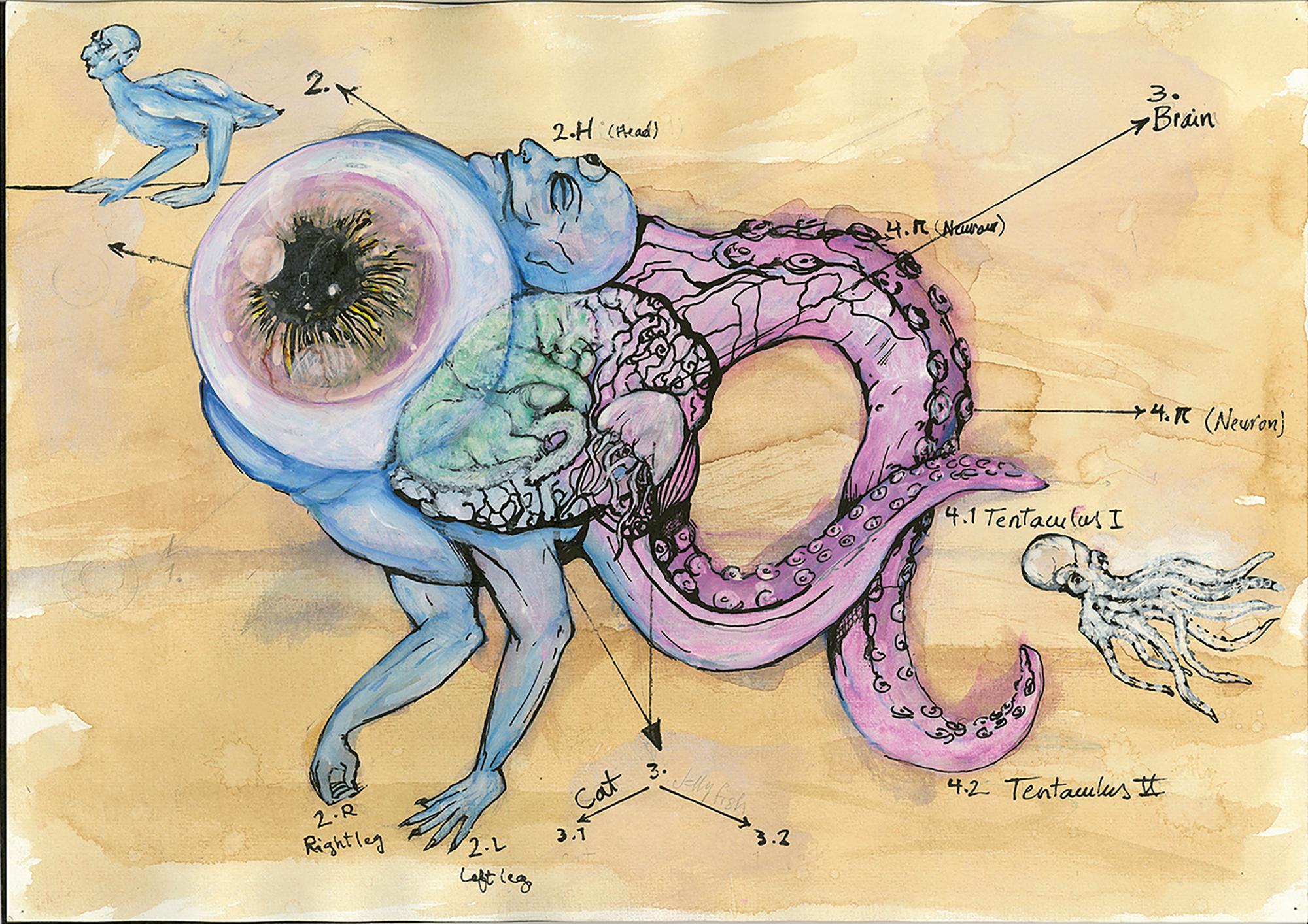 Drawing of Gullibilius, a creature Kamran Behrouz called into being by mapping their autism. Zeichnung 
