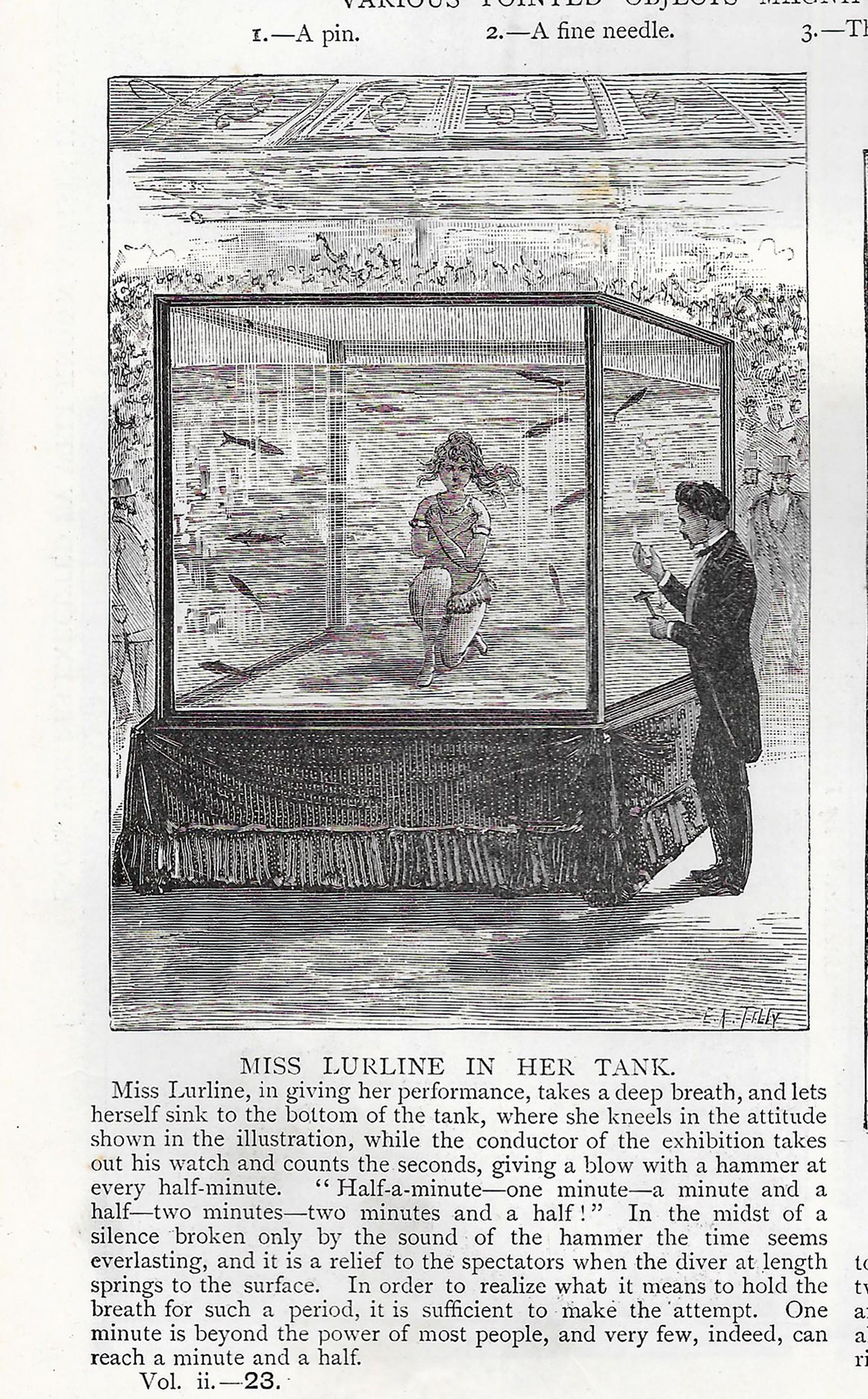 Die nordamerikanische Künstlerin Miss Lurline trat in den 1879 bei Circus Renz auf und wurde bekannt mit ihren Tauchdarbietungen in einem „kolossale[n], aus Glas gefertigte[n] Wasserbehälter und [den] ihn erfüllenden 24000 Liter Wasser“ (Berliner Börsenzeitung, 24. August 1882, S. 8) (1883).