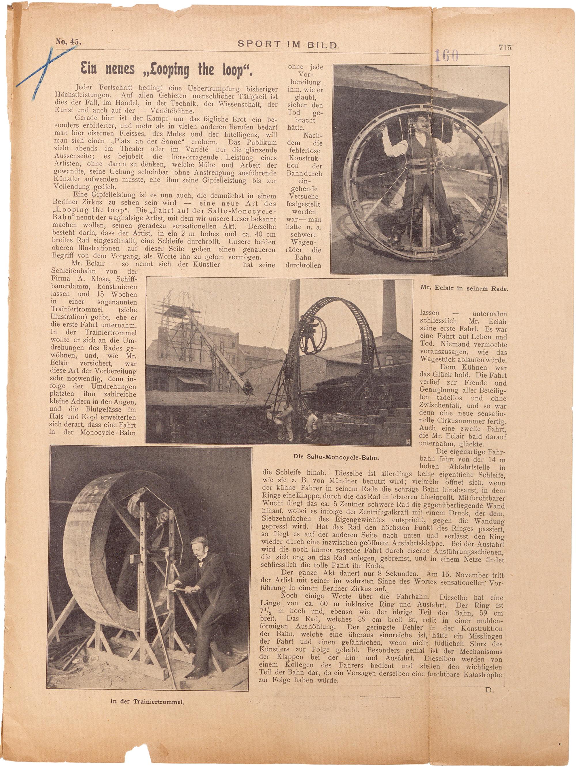 Bericht über die Nummer Looping the Loop in der Fachzeitschrift Sport im Bild (ca. 1910).