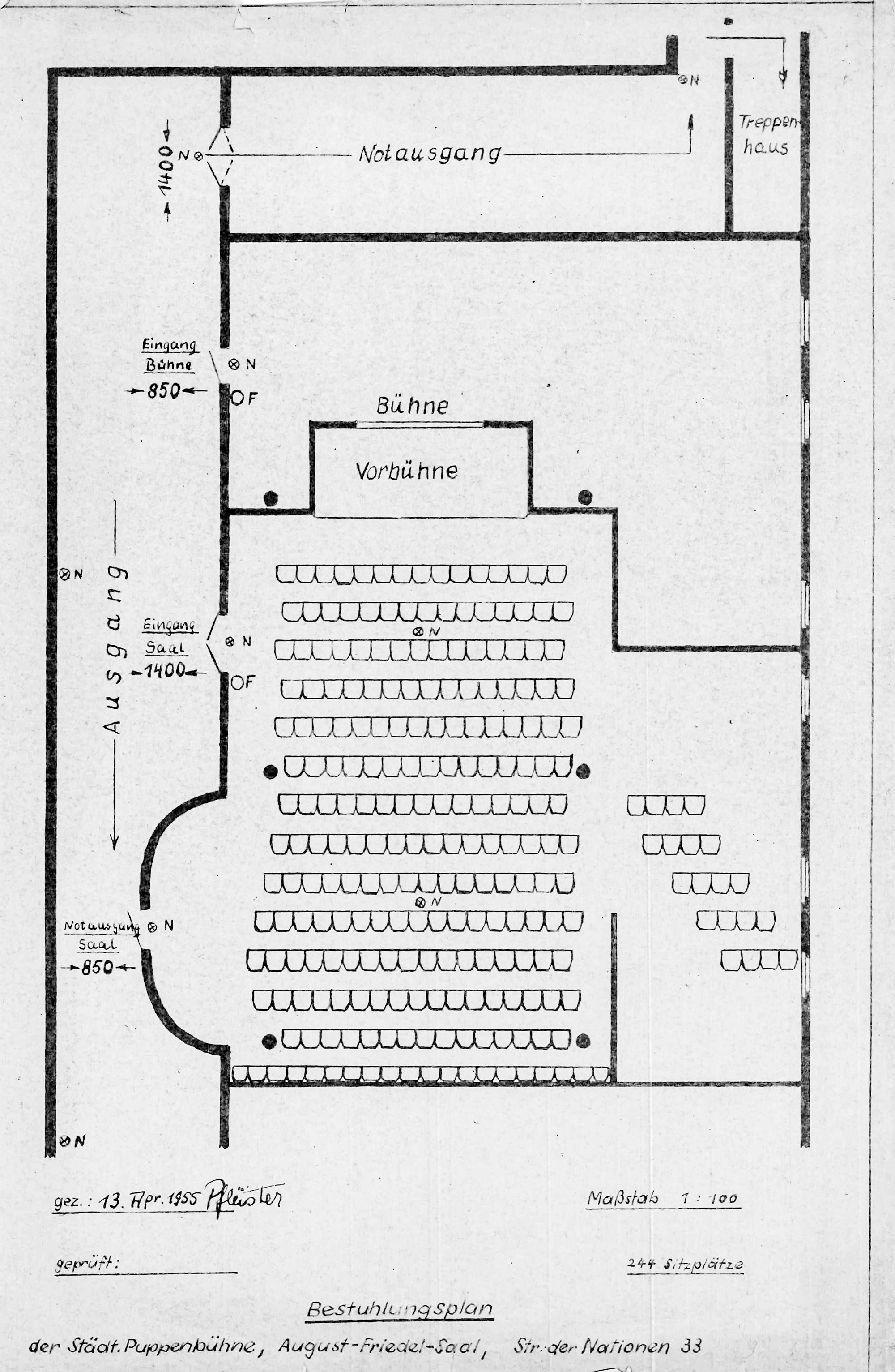 August-Friedel-Saal in der Alten Aktienspinnerei am Schillerplatz, Bestuhlungsplan für 244 Plätze, Spielort der Städtischen Puppenbühne Karl-Marx-Stadt bzw. des Puppentheaters Chemnitz 1955 bis 1996