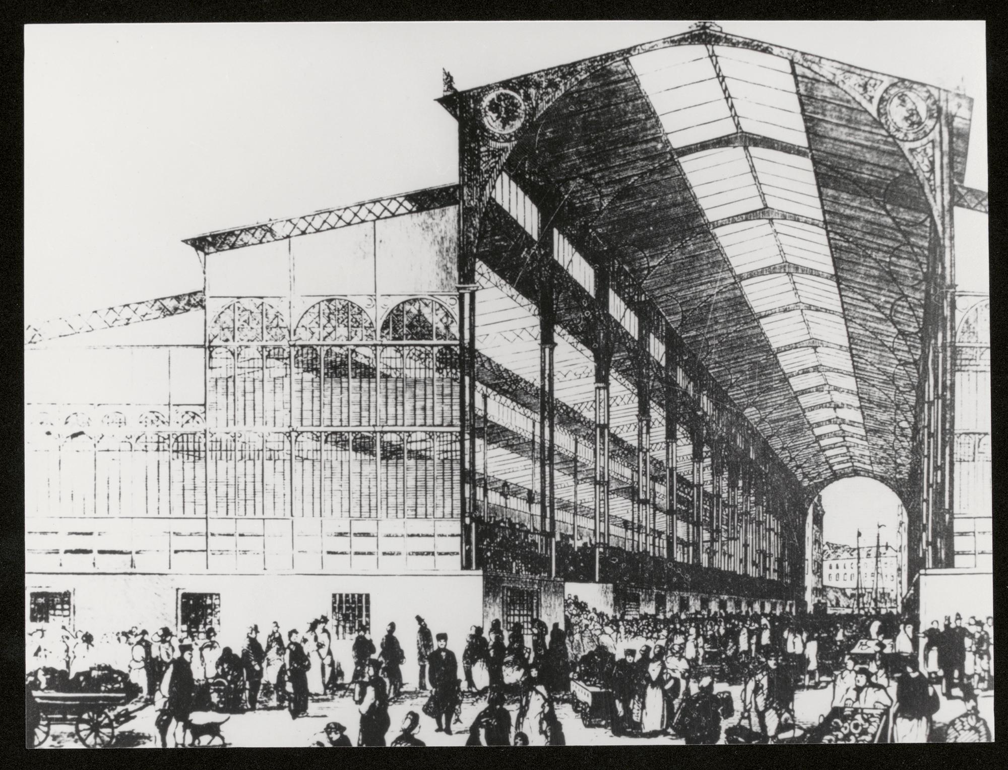 Zeichnung des Treibens in der ersten Berliner Markthalle (ca. 1870). Die Markthalle wurde von der Berliner Bevölkerung als Einkaufsort nicht ausreichend genutzt und deshalb 1873 in eine Zirkusspielstätte umgewandelt.