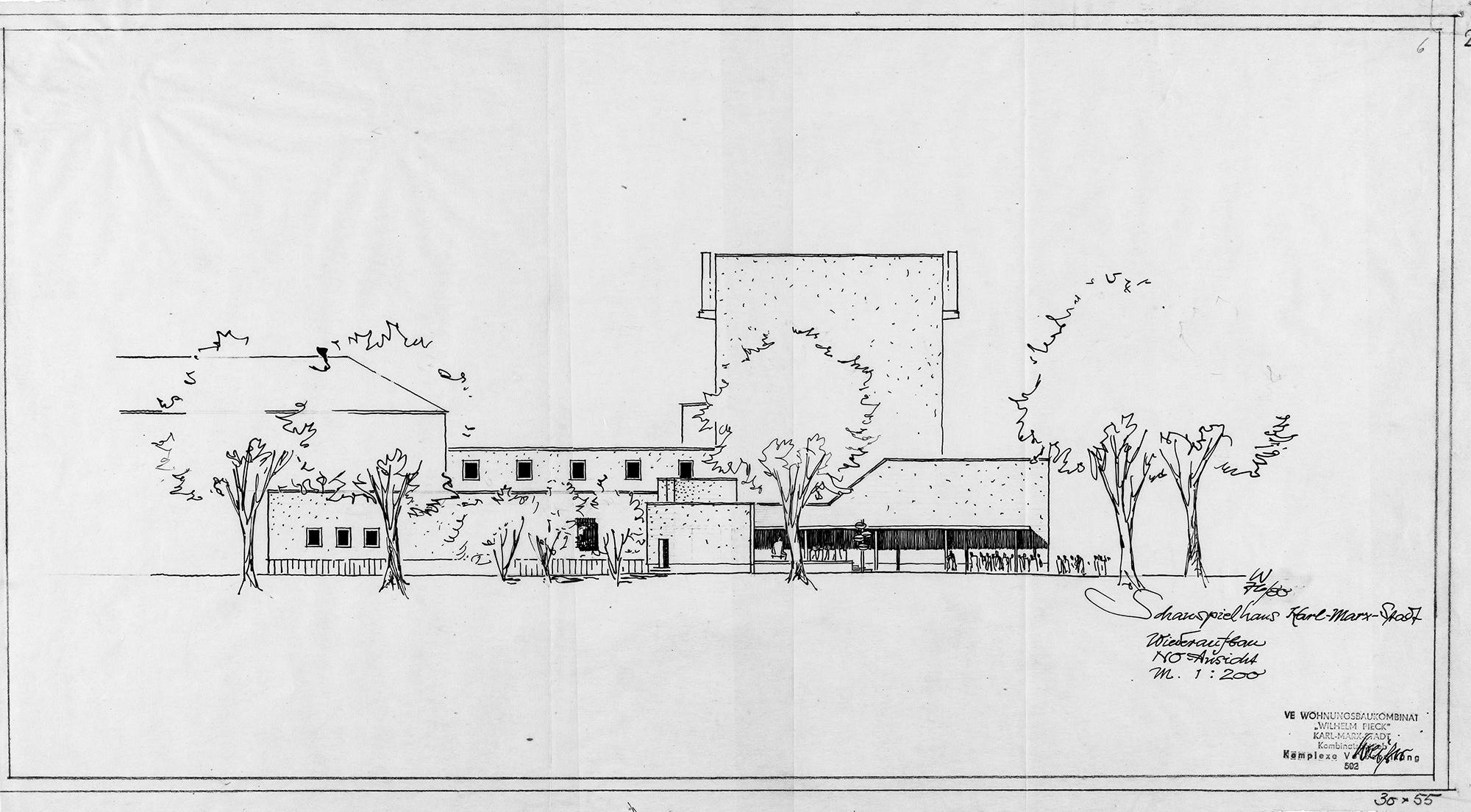 Schauspielhaus Karl-Marx-Stadt, Nord-Ost-Ansicht, Rudolf Weißer 1976/1980