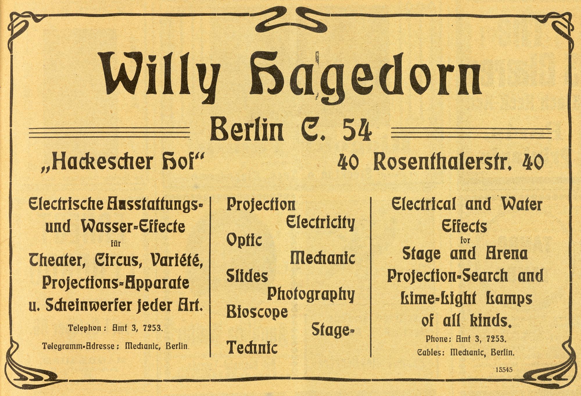 Anzeige der Firma Willy Hagedorn im Artistik-Fachblatt Das Programm (1906).