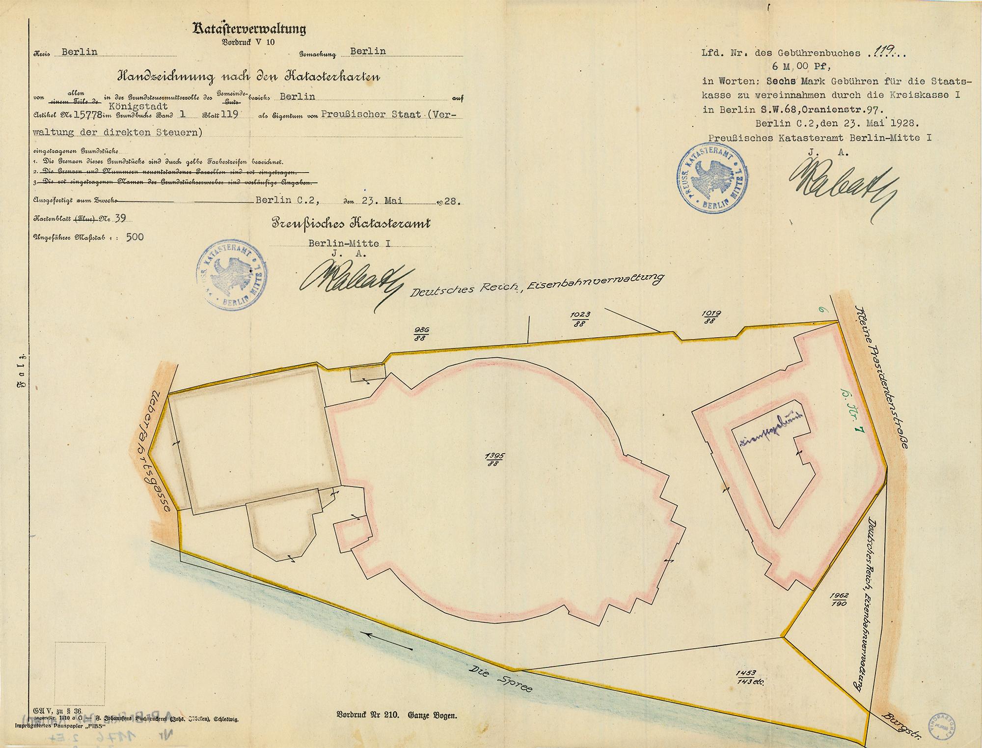 Zeichnung des von Circus Busch gepachteten Geländes aus einem Plan der preußischen Katasterverwaltung (1928).