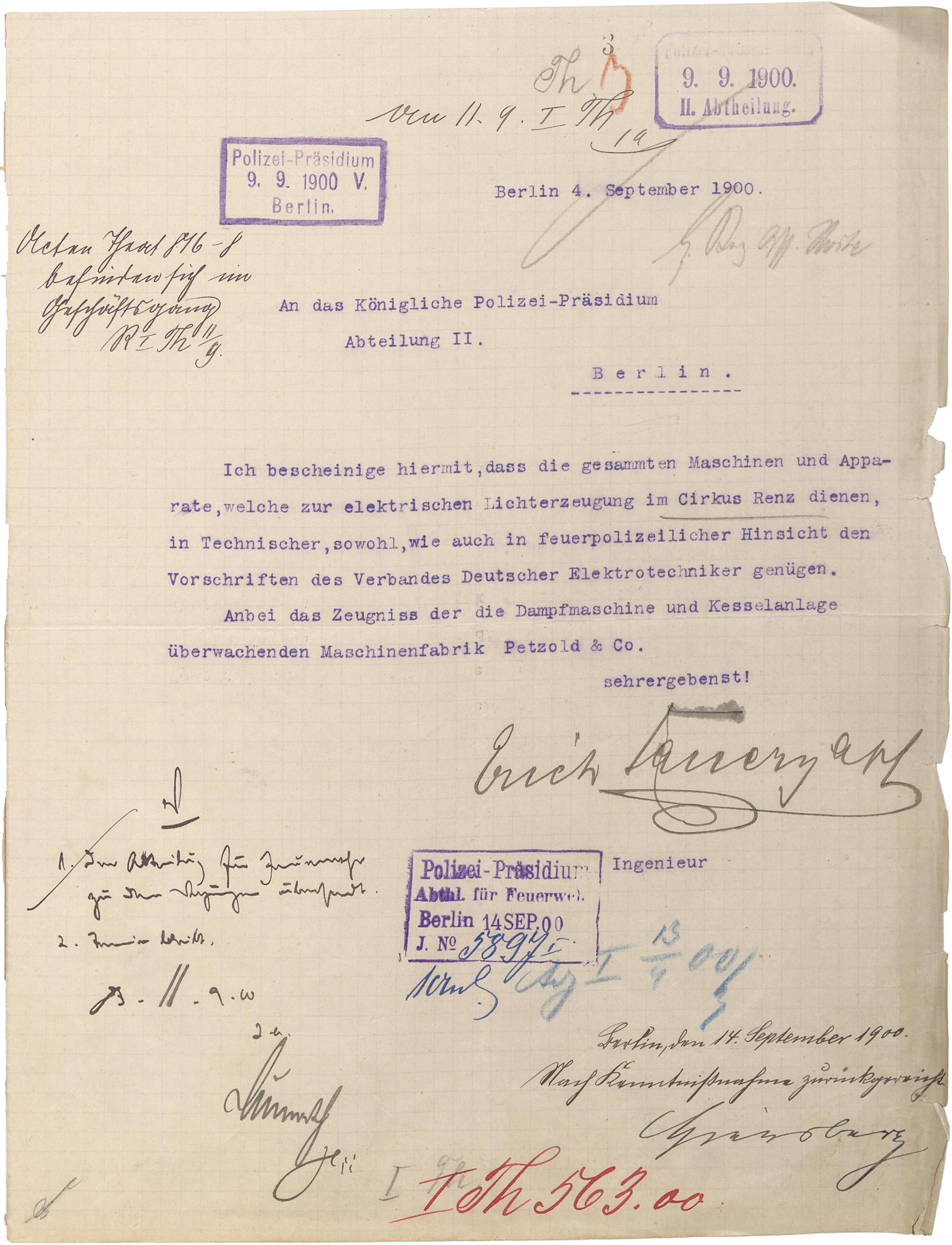 Bericht über Revision und Prüfung der elektrischen Anlagen im Circus Renz aus den Unterlagen der Berliner Theaterpolizei (1900).