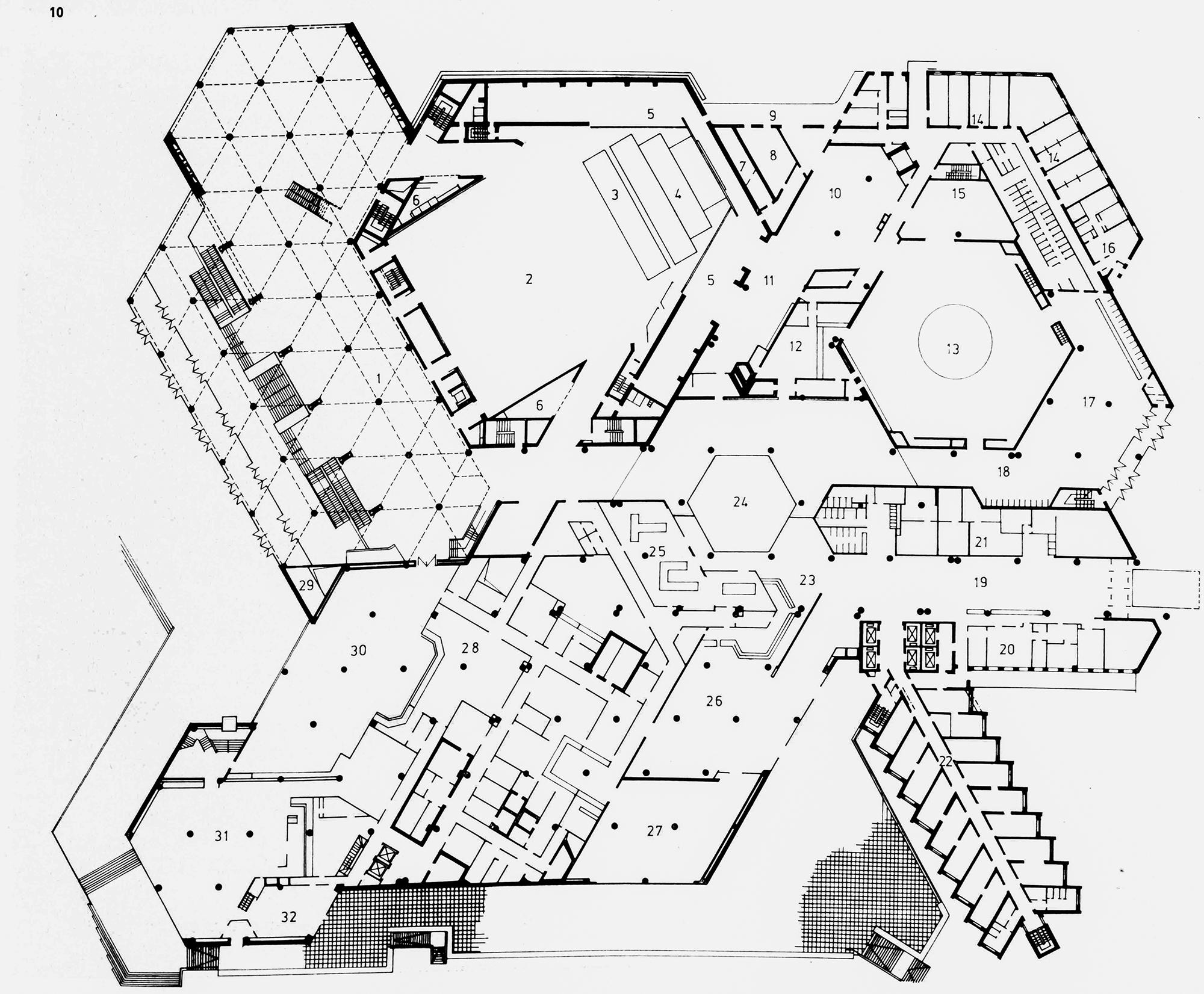 Stadthalle und Interhotel Karl-Marx-Stadt, Rudolf Weißer und Architekturkollektiv, Grundriss Erdgeschoß, 1974
