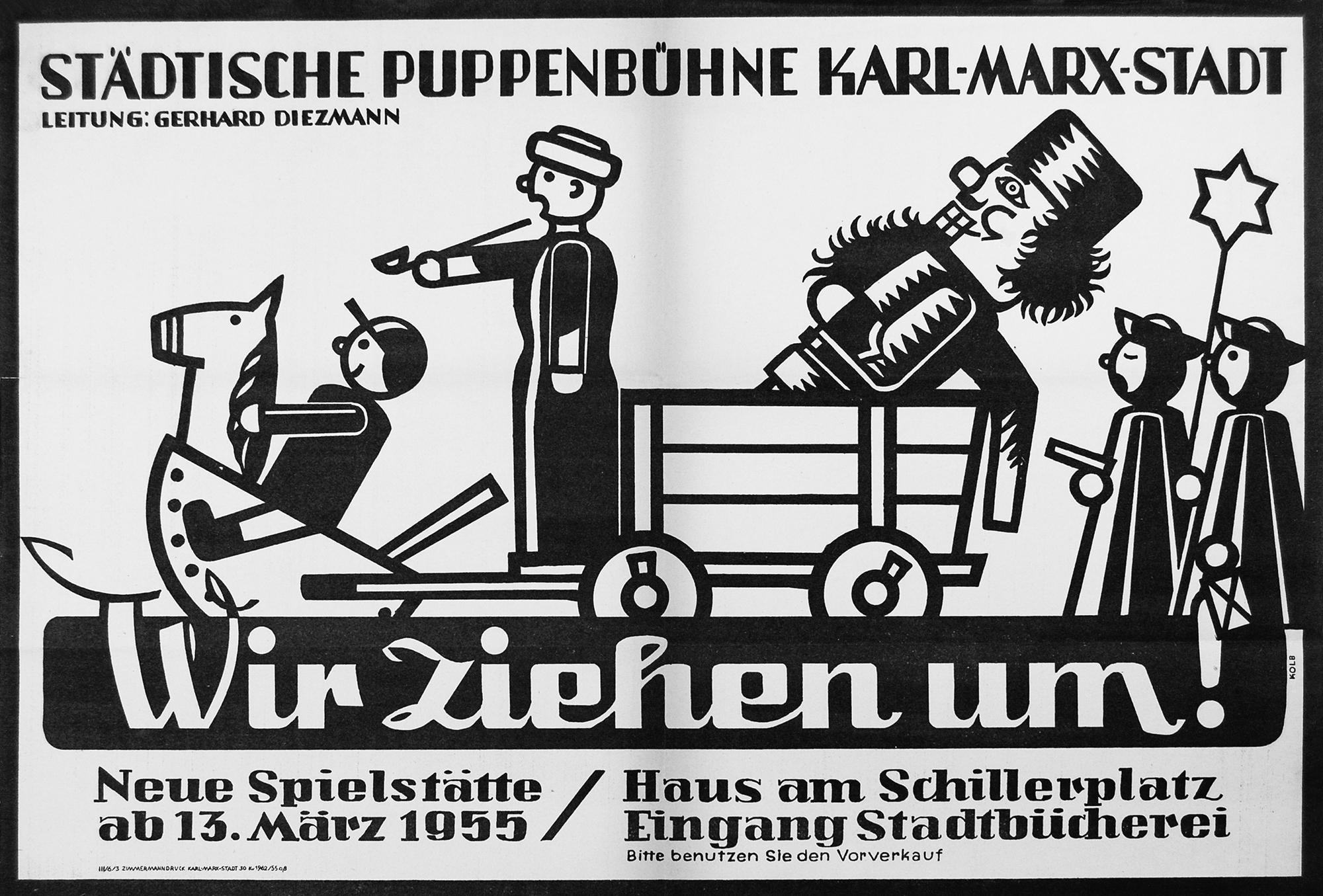 „Wir ziehen um! Neue Spielstätte ab 13. März 1955, Haus am Schillerplatz“, Plakat, 1955
