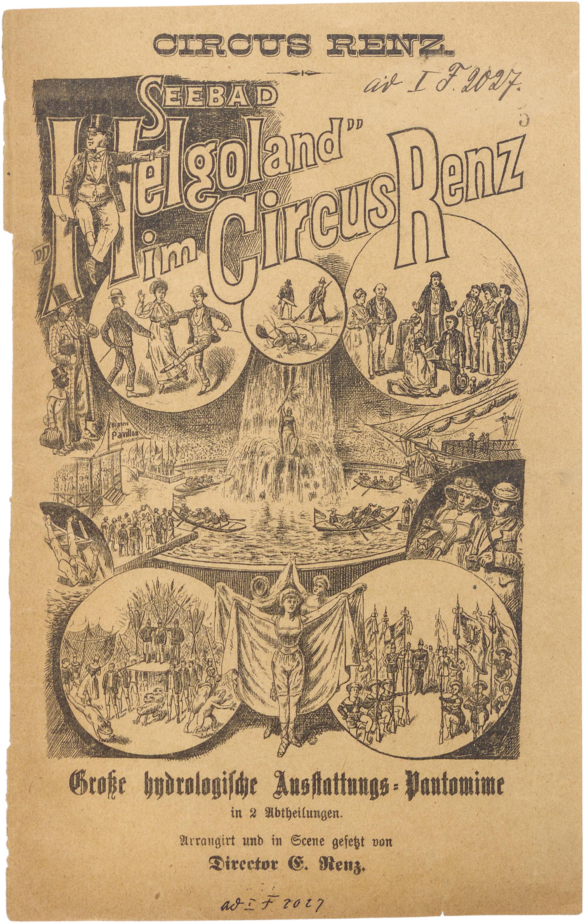 Deckblatt vom Textbuch der Ausstattungspantomime Seebad Helgoland bei Circus Renz. Illustriert ist unter anderem die mit Wasser gefüllte Manege sowie eine große Wasserfontäne (1891)