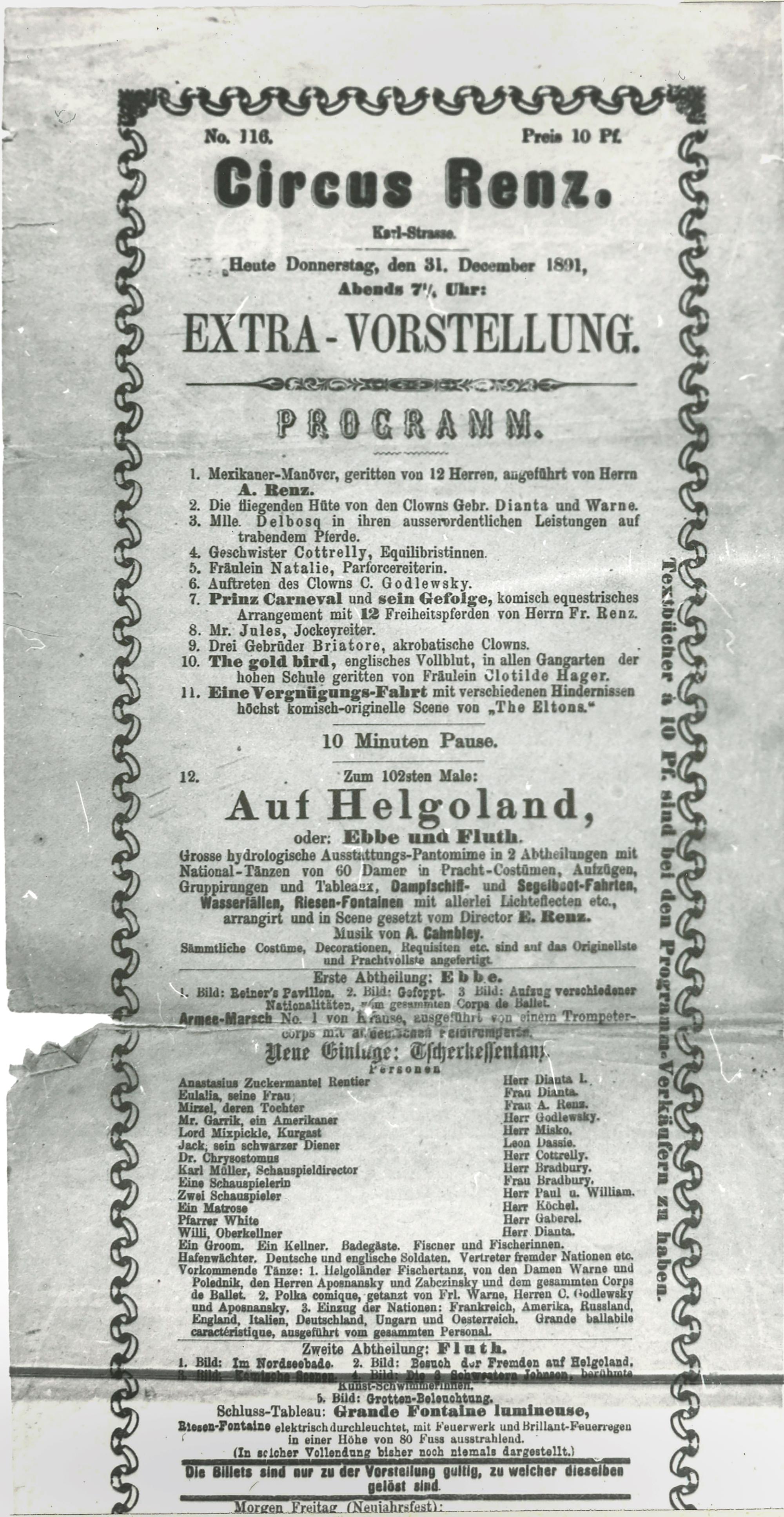 Programmzettel von Circus Renz für den 31. Dezember 1891 mit der Pantomime Auf Helgoland oder: Ebbe und Fluth. Angekündigt werden unter anderem Dampfschiff- und Segelbootfahrten, Wasserfälle und Riesen-Fontänen (1891).