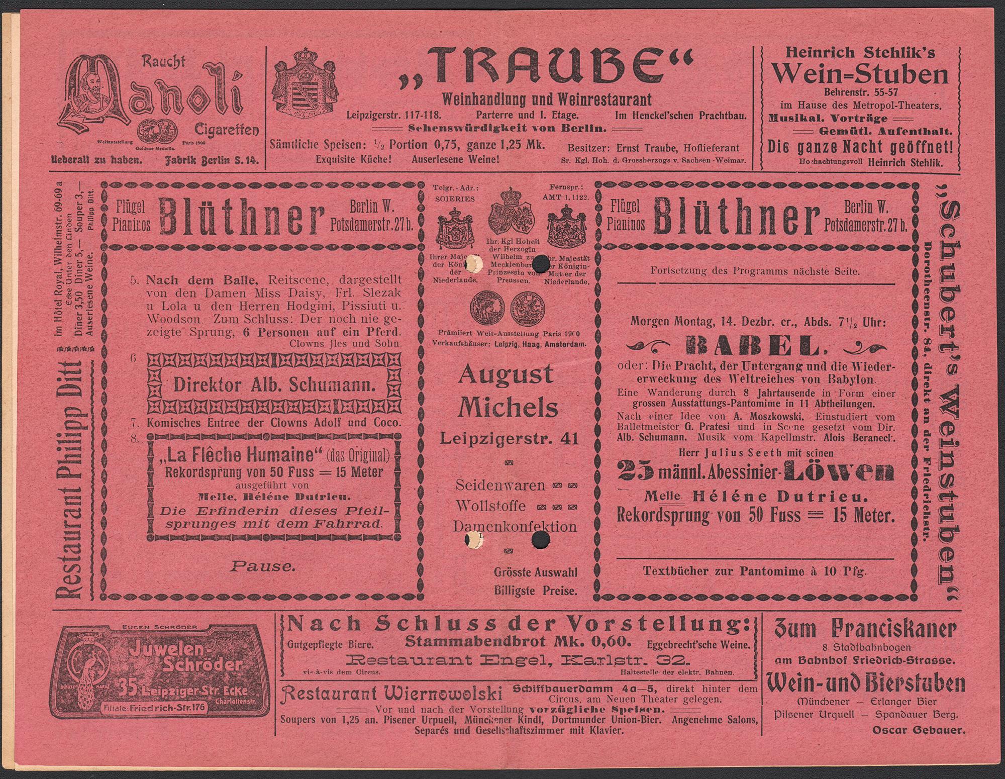 Ankündigung der Pantomime Babel für den 14. Dezember 1903 im Markthallenzirkus unter Circus Schumann (1903).