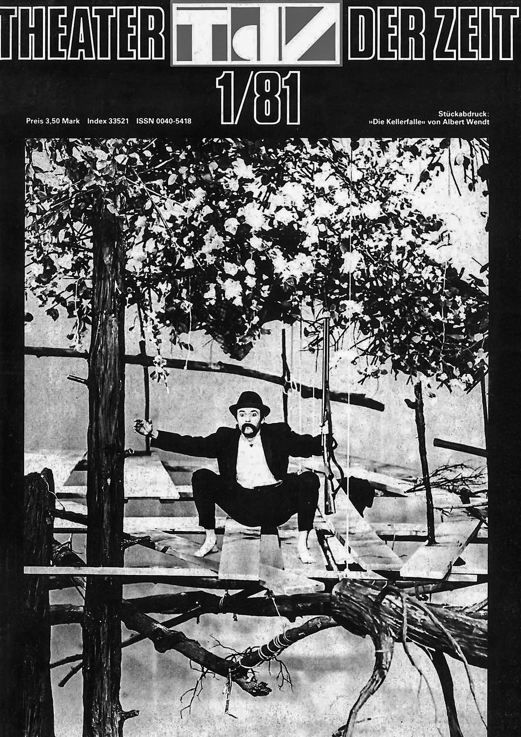 Titelseite von Theater der Zeit, Heft 1, 1981: Szenenbild Lasariza oder Der Tanz auf dem Birnbaum von Jordan Raditschkow in der Regie von Irmgard Lange, eine der fünf Premieren zur Eröffnungsspielzeit des Schauspiel-hauses 1980/1981