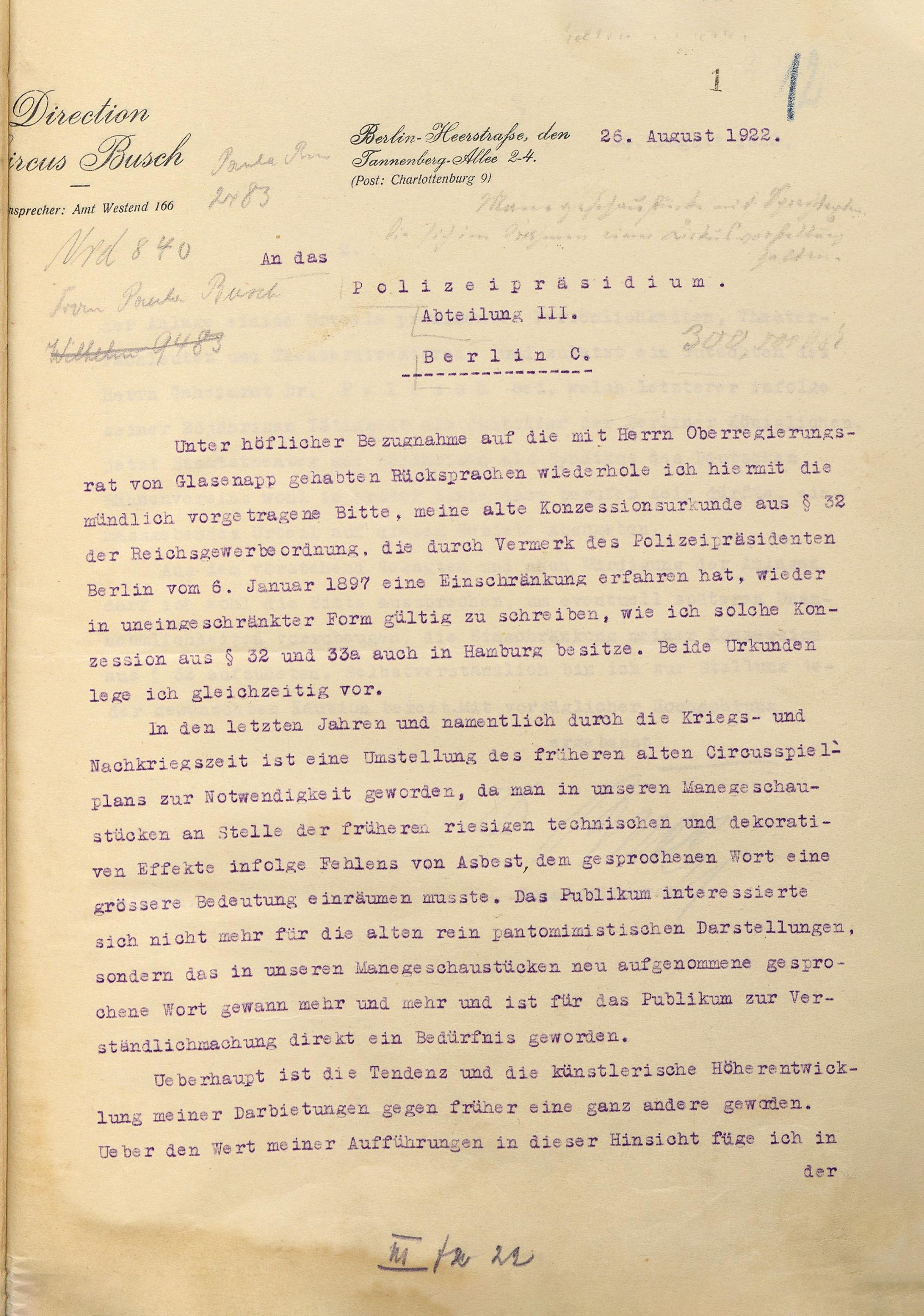 Brief von Circus Busch aus einer Korrespondenz mit dem Berliner Polizeipräsidium Berlin über die Einschätzung des künstlerischen Werts der Inszenierungen der Zirkusgesellschaft (1922).