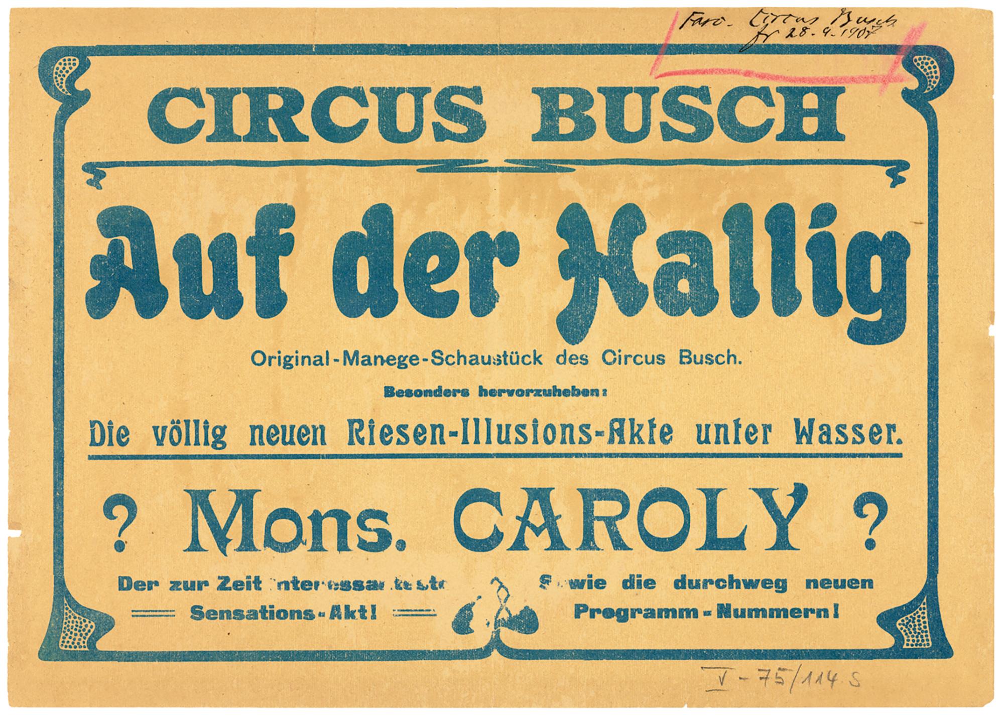 Vorder- und Rückseite einer Werbeanzeige von Circus Busch für die Wasserpantomime Auf der Hallig (1907). Farblithografie von Adolph Friedländer.