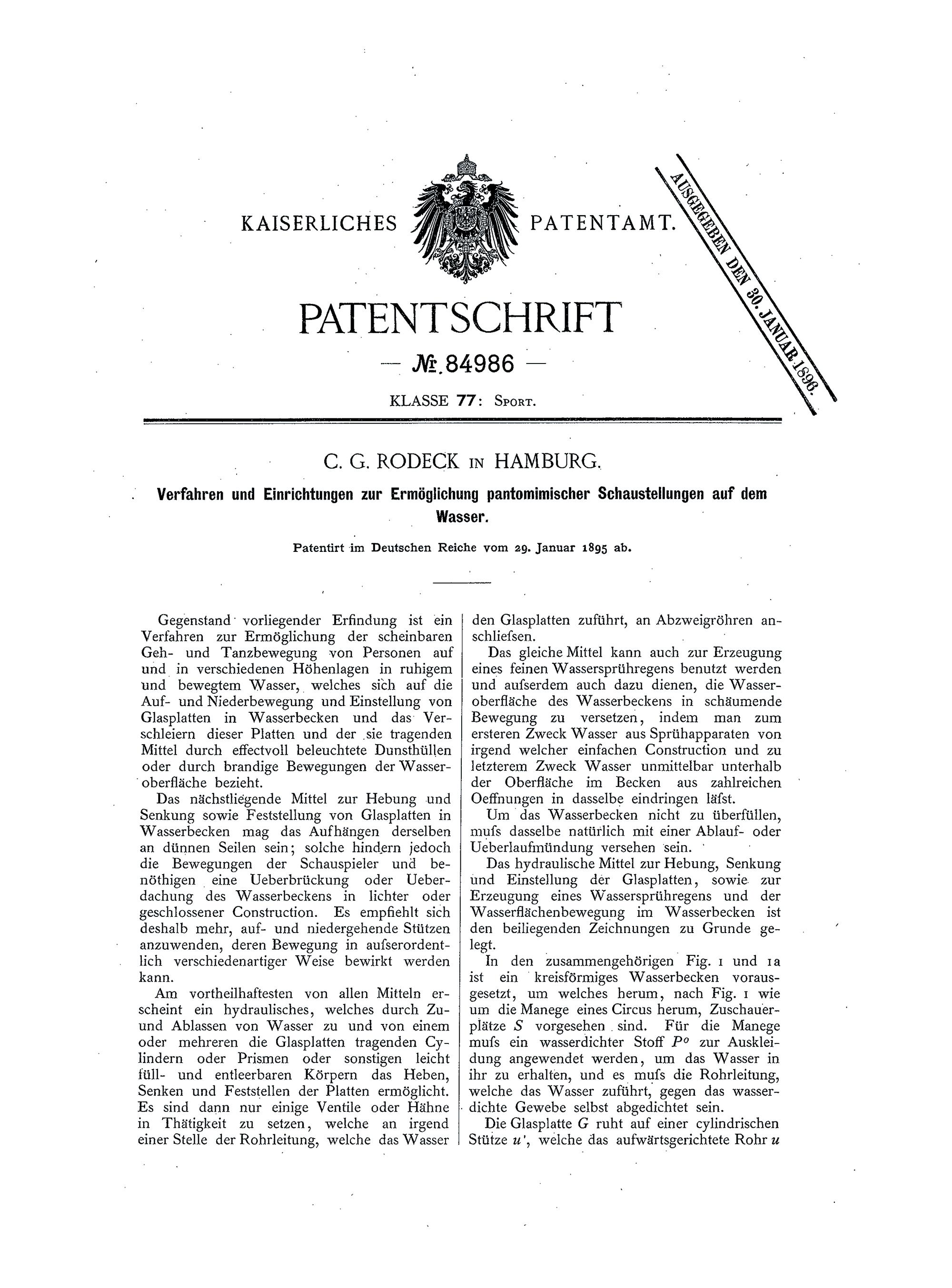 Patentanmeldung für eine Bühnenvorrichtung zur „scheinbaren Geh- und Tanzbewegung von Personen […] in ruhigem und bewegtem Wasser“. Erste Seite einer Patentschrift von Carl G. Rodeck (1895).