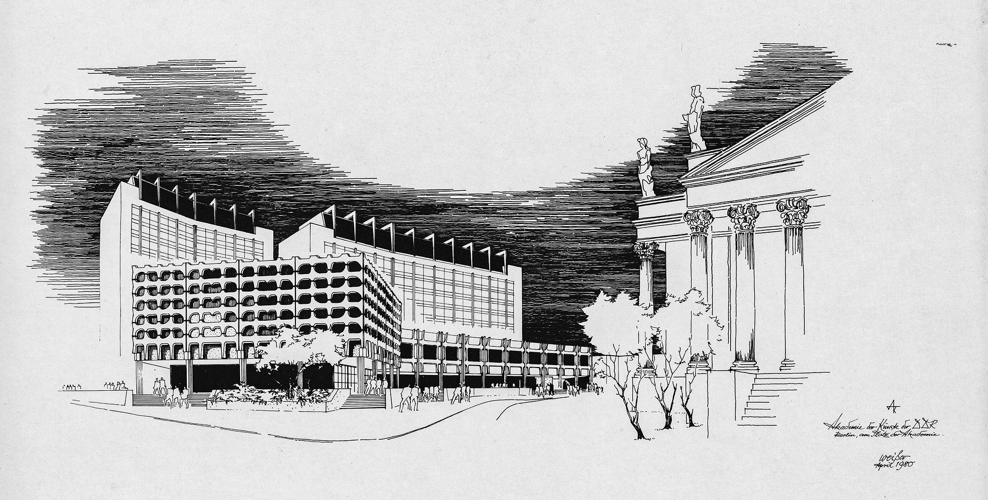 Entwurf für die Akademie der Künste der DDR in Berlin, Architekt Rudolf Weißer, April 1980. Ein pentagonaler Plenarsaal mit Ausstellungsebene ist als Solitär neben dem Deutschen Dom geplant, dahinter weitere Bauten für die Akademie der Künste und Akademie der Wissenschaften.