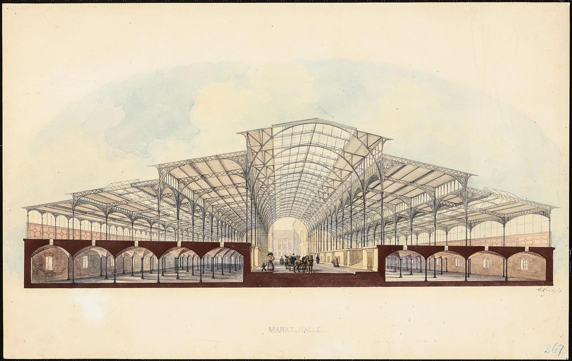 Handzeichnung der ersten Berliner Markthalle, Schnitt mit Zentralperspektive, Architekt: Friedrich Hitzig (1865).