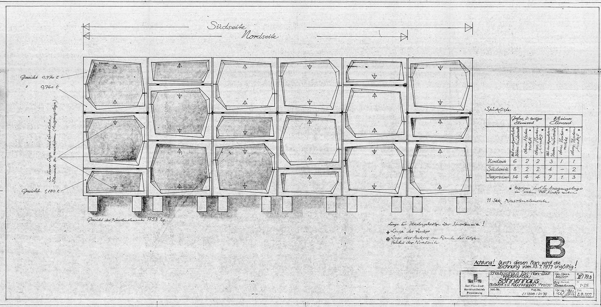 Betonmaßwerk am Bühnenturm des Schauspielhauses, Detailansicht, 2.9.1977