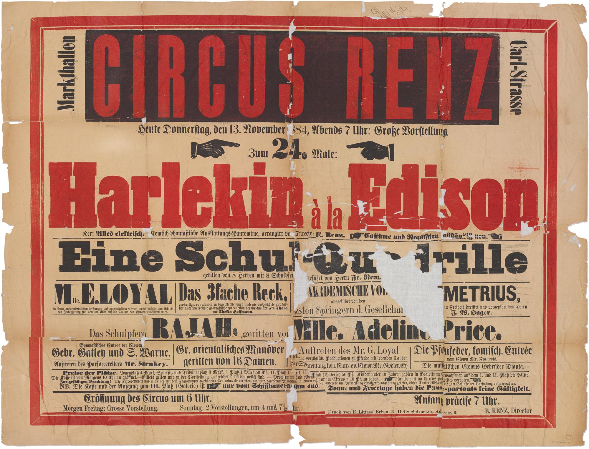 Plakat für ein Programm im Markthallenzirkus unter Circus Renz (1884).