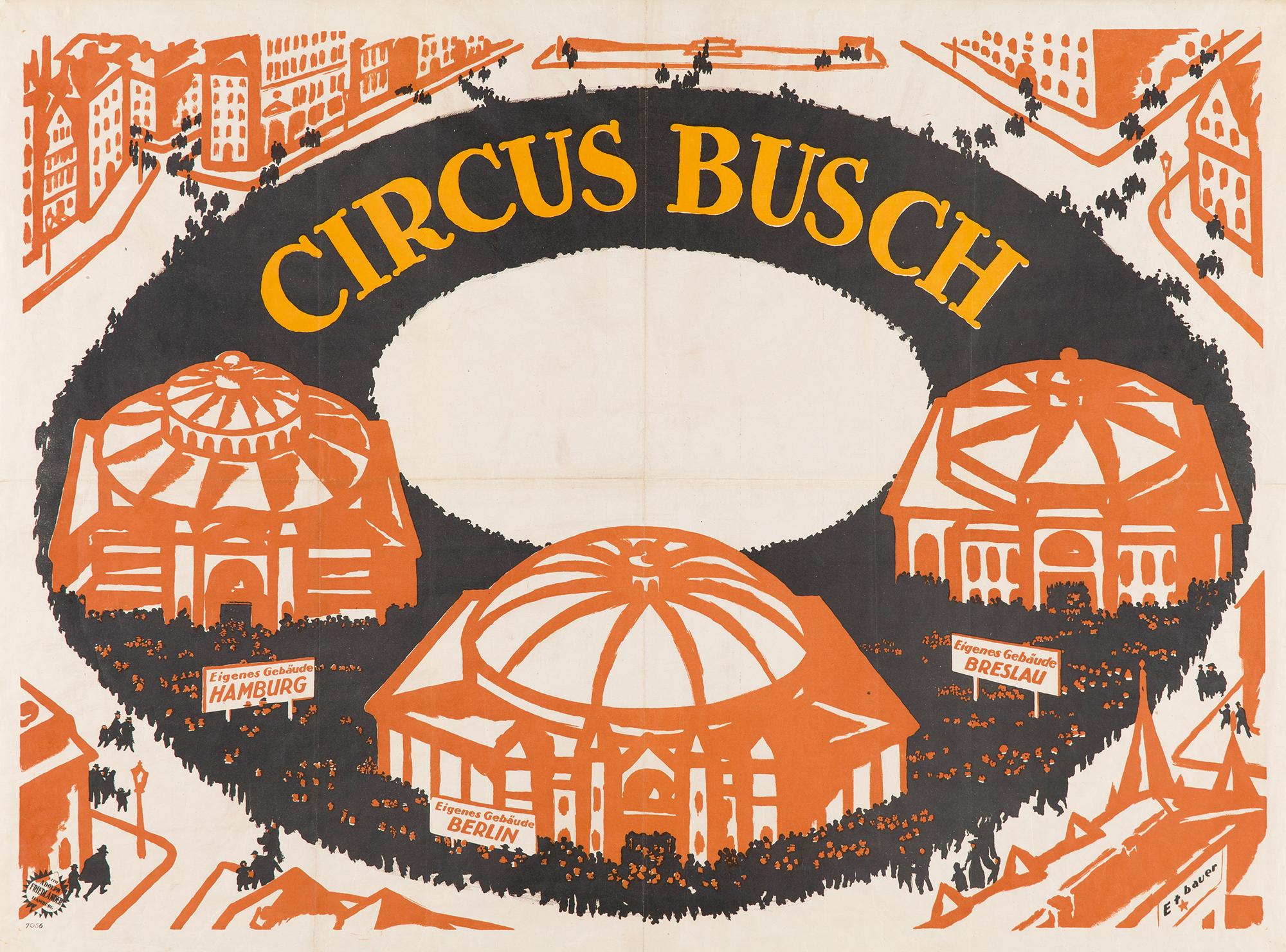 Farblitografie der Firma von Adolph Friedländer für Circus Busch mit dem herzförmigen Drucksignet unten links (1921).