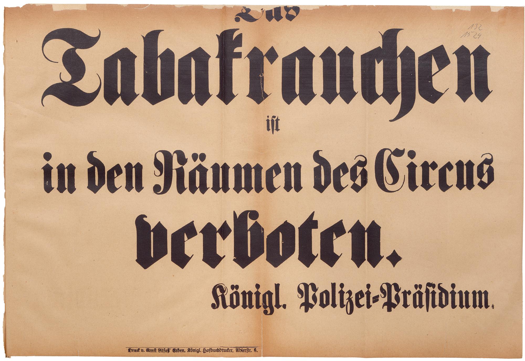 Verbotsplakat der Berliner Theaterpolizei zum Aushang in Zirkusgebäuden (ca. 1885).