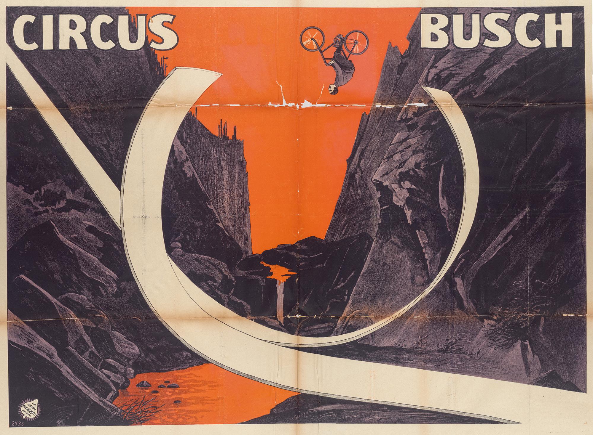 Plakat von Circus Busch zur Bewerbung einer Looping Darbietung (1906). Farblithografie von Adolph Friedländer.