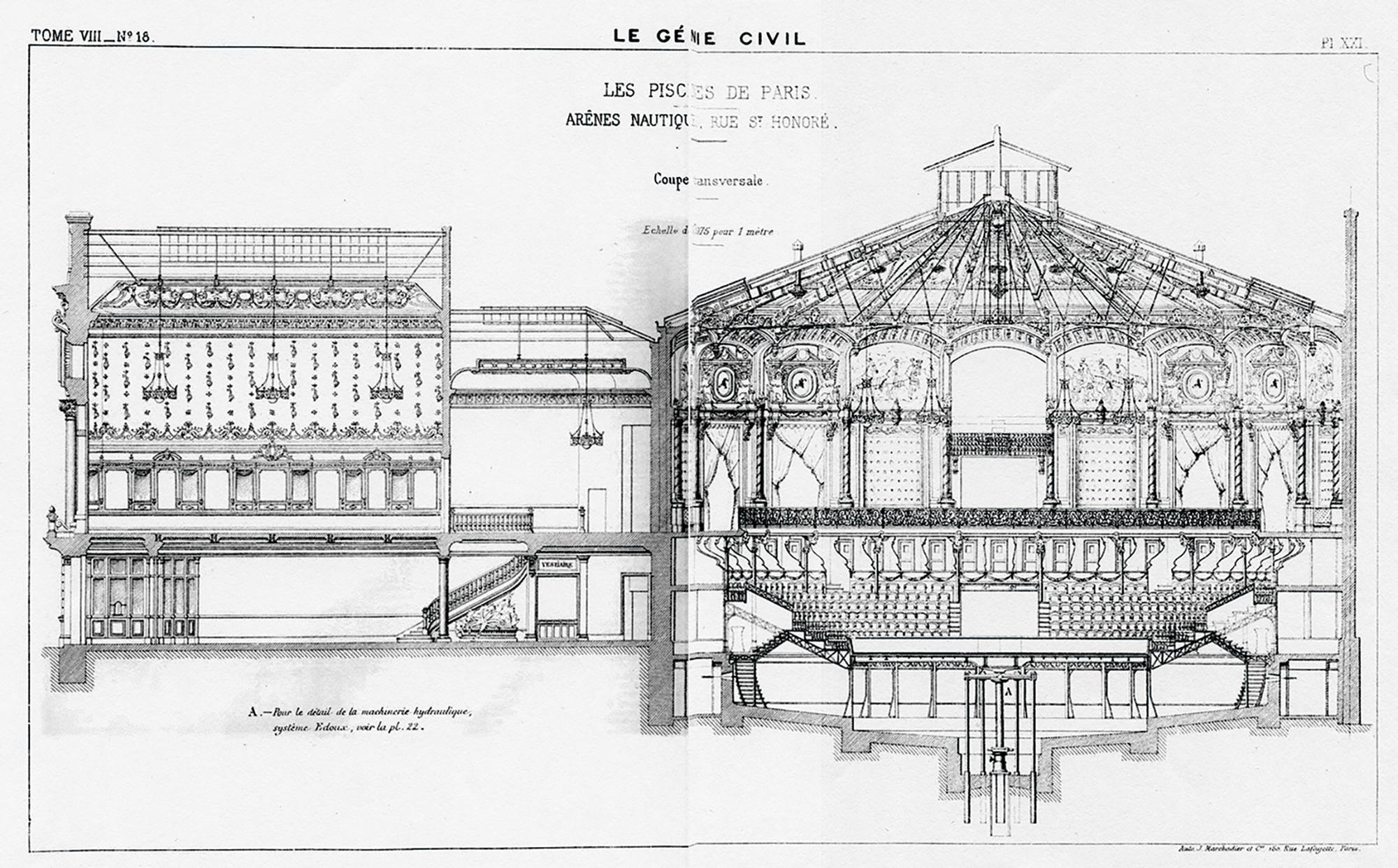 Bauzeichnung in einem Bericht vom 6. März 1886 in der Fachzeitschrift Le Génie Civil über den neu gebauten Nouveau Cirque in Paris (1886).