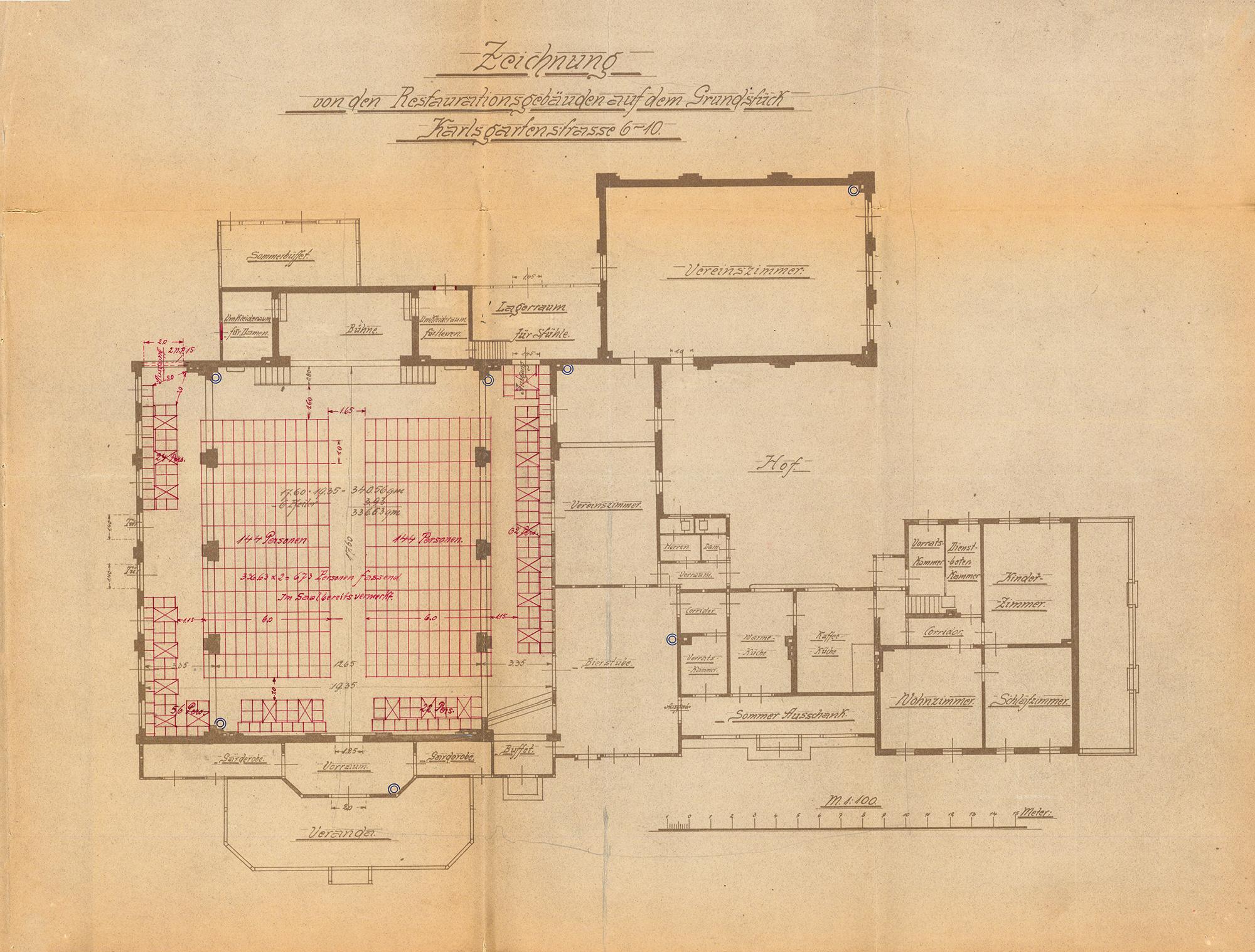 Grundriss der Neubauten zur Erweiterung des Lokals Karlsgarten mit Tanzsaal, Bühne, Vereinszimmer und Wirtschaftsräumen (ca. 1902).