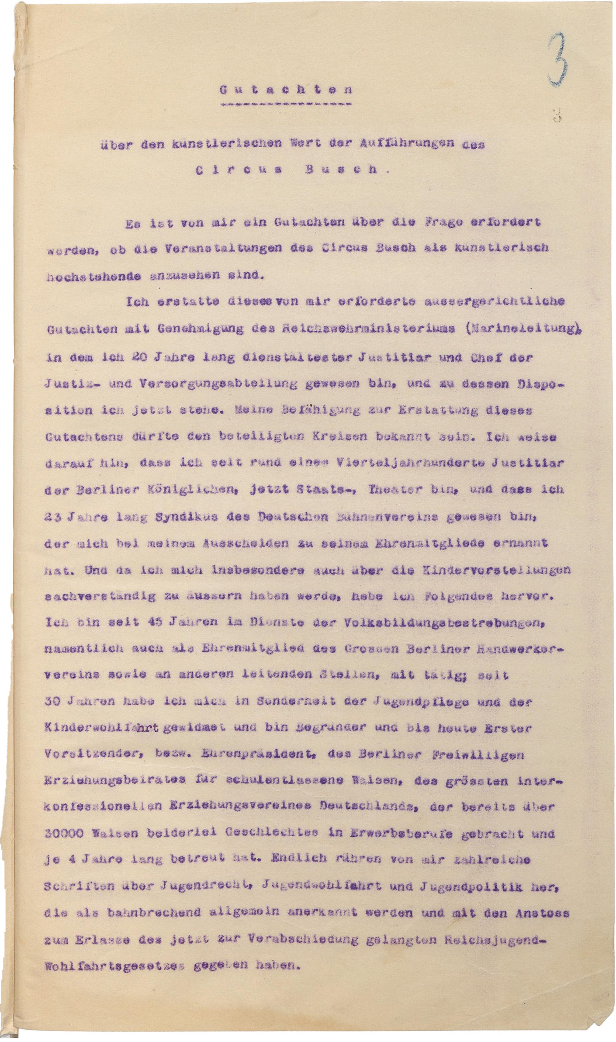 Gutachten über die Inszenierungen von Circus Busch vom Syndikusrechtsanwalt des Deutschen Bühnenvereins Paul Felisch (1922).