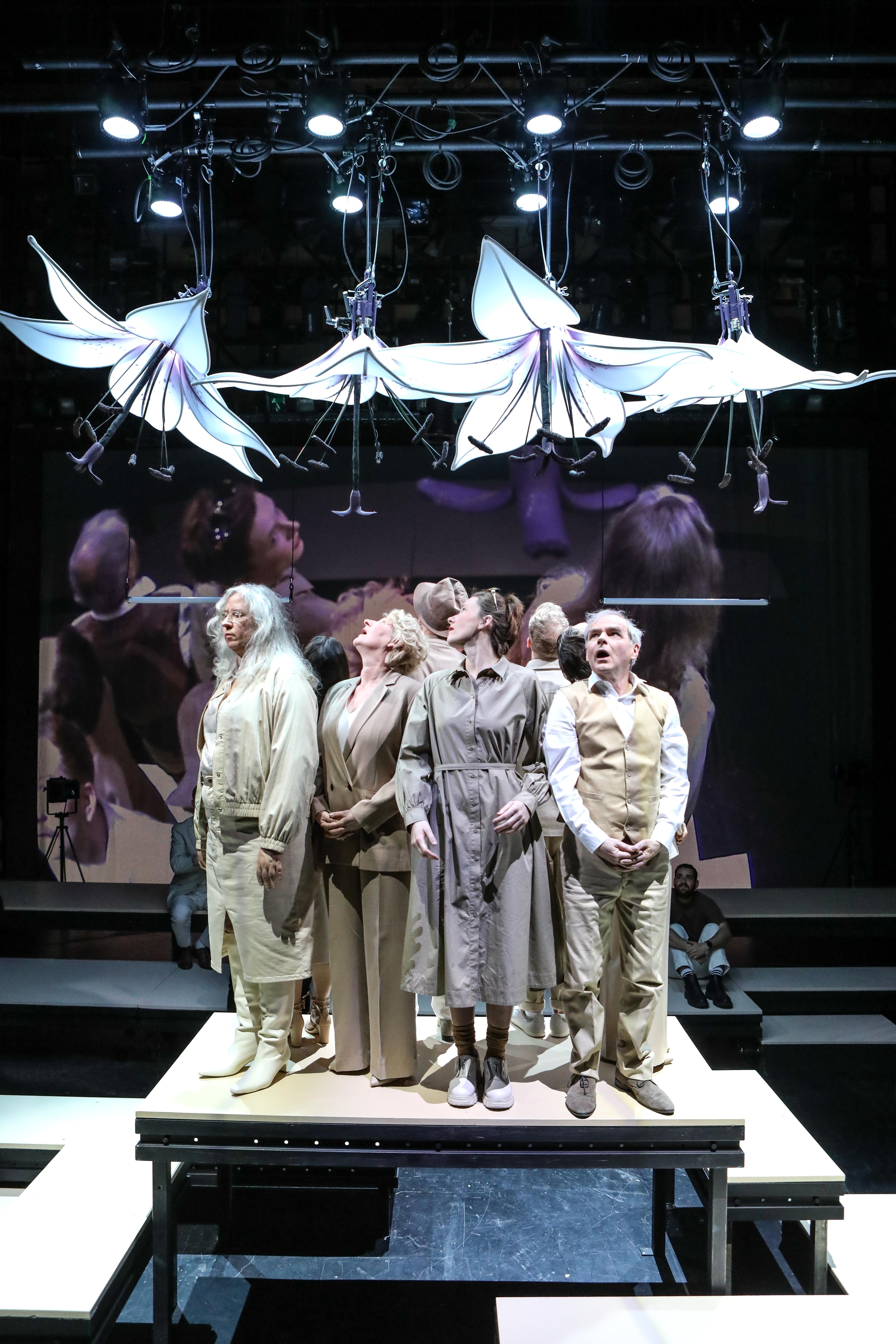 Anna Polke, Regina Leenders, Anke Fonferek, Oliver El-Fayoumy, Clara Schwinning, Philipp Quest, Nadja Bruder und Klaus Zwick in „„Bruder Eichmann/Geschwister Eichmann“ von Heinar Kipphardt/Lukas Hammerstein in der  Regie Kathrin Mädler, Bühne und Kostüme Mareike Delaquis Porschka am Theater Oberhausen. Foto Birgit Hupfeld