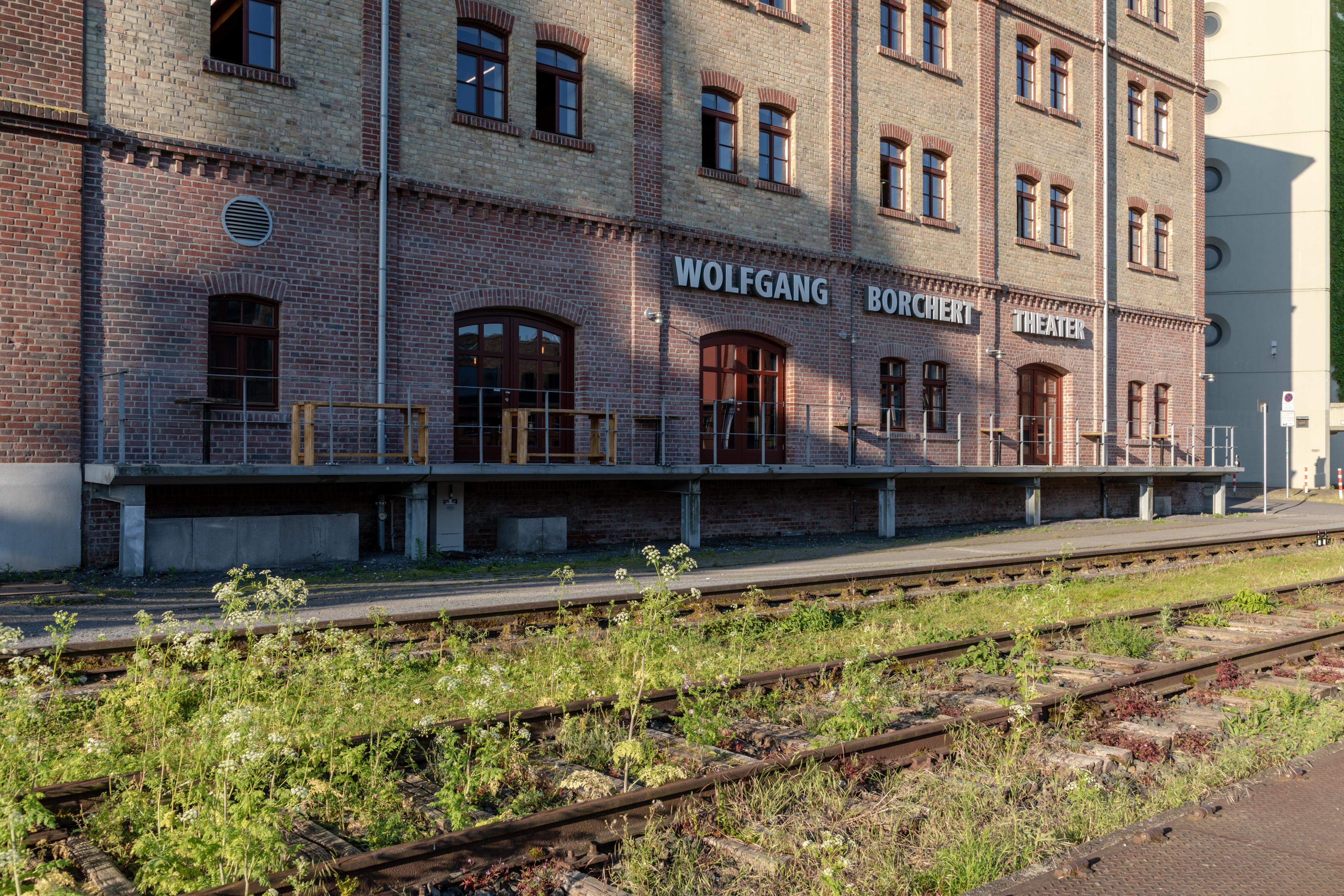 Wolfgang-Borchert-Theater im Flechtheimspeicher (mit Schatten des Hafenkrans) im Hafen von Münster