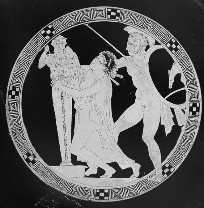 Abb. 4: Kassandra sucht am Standbild der Athene Schutz vor Aias, der sie vergewaltigen will. Attische Kylix, 440 – 420 v. Chr., Paris, Louvre.